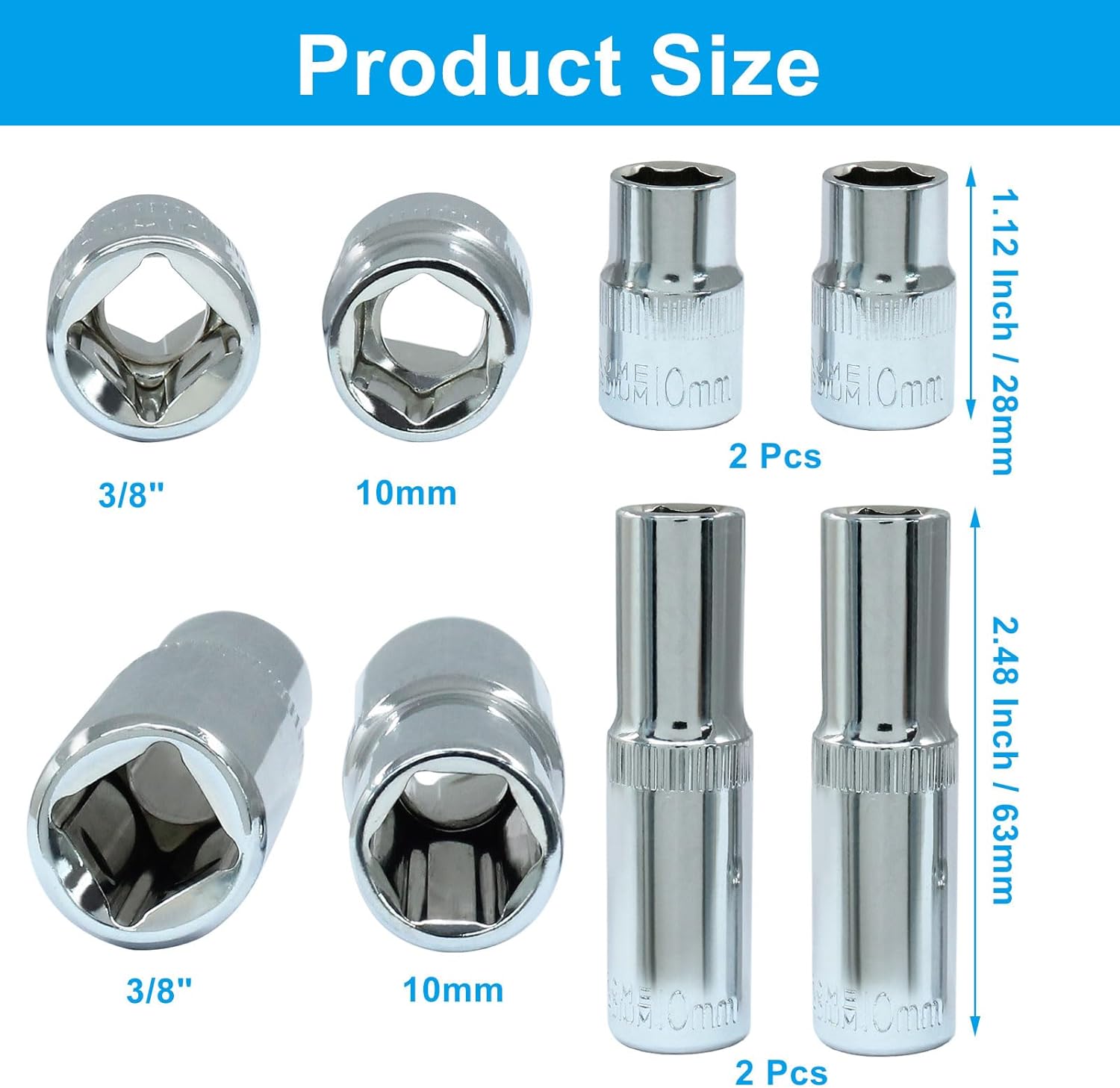 4 Pcs 3/8 Inch Drive 10mm Shallow & Deep Socket Set, 6 Point Chrome Vanadium Steel Metric Sockets, Mirror Finish