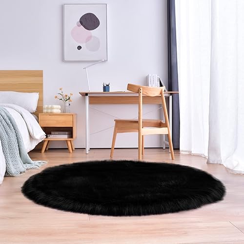 Vista 205 de duduta Tapete redondo de piel de oveja sintética color púrpura de 4 x 4 pies, peludo y mullido, lavable a máquina