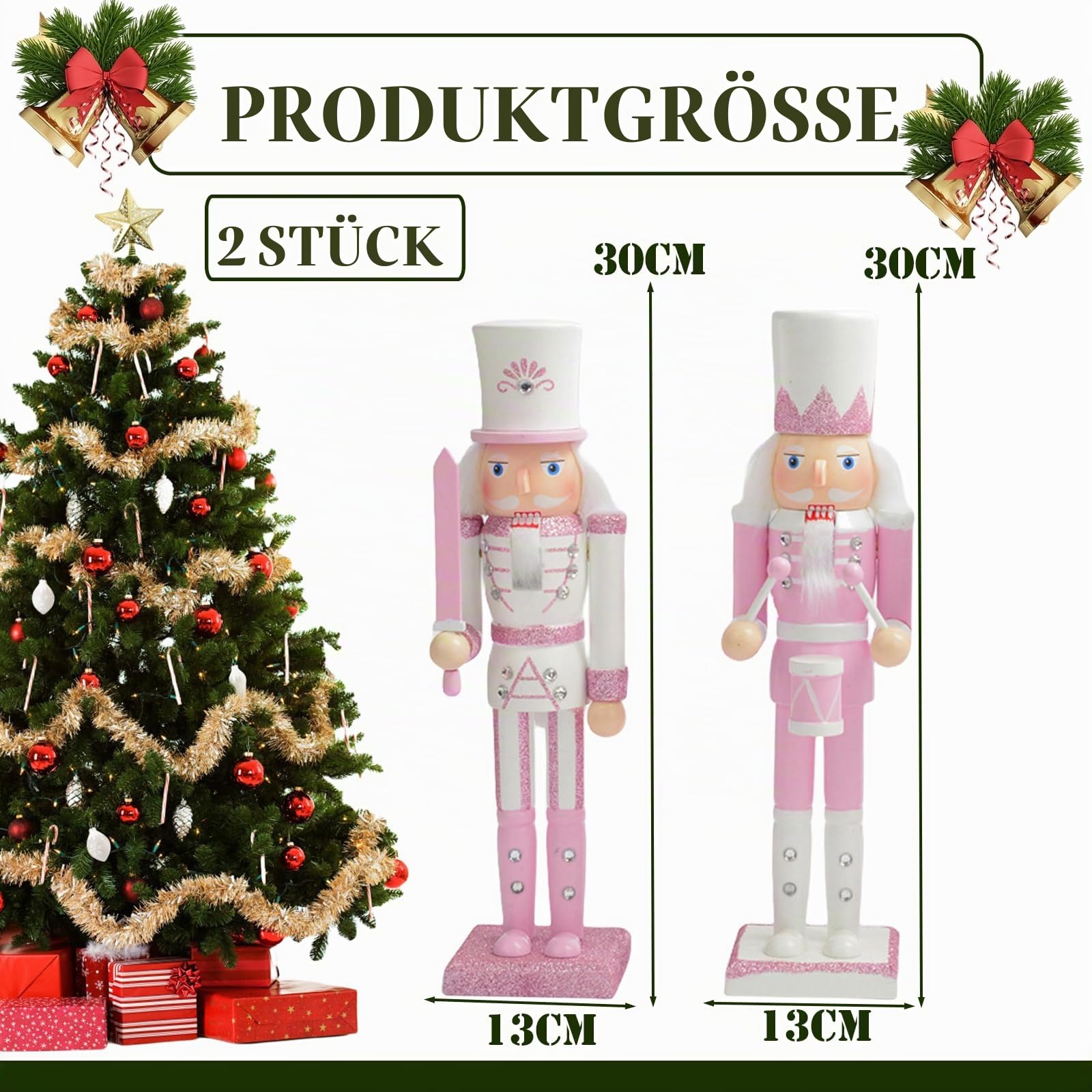 COSORO 30cm Rosa Weihnachten Nussknacker Figur,2 Stück Holz Nussknacker Soldat Große Traditionelle Weihnachtsdekoration Indoor Klassische Kiefernholz Ornamente für Weihnachten Weihnachtsschmuck