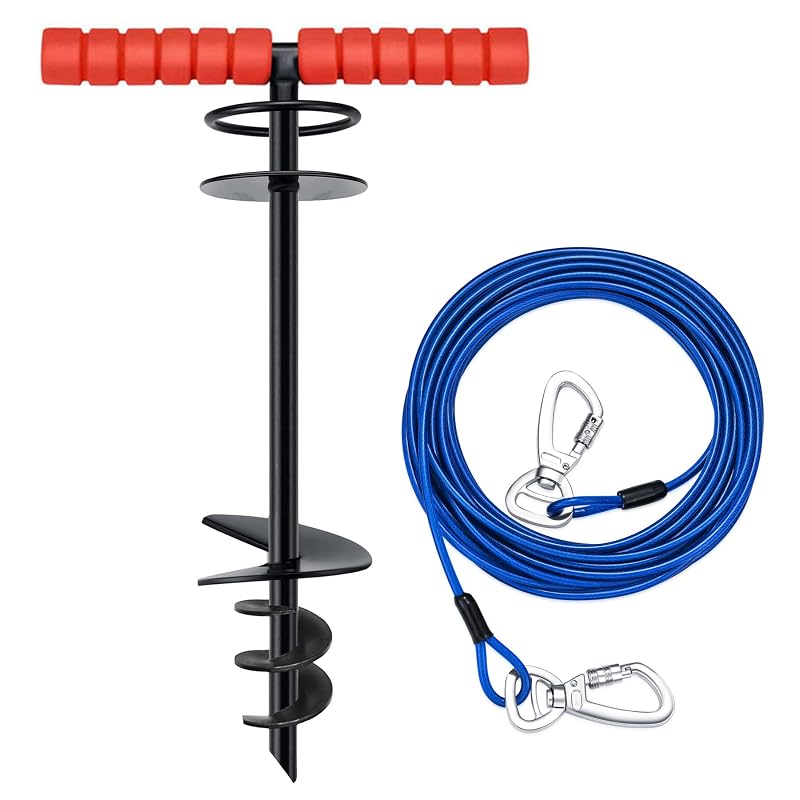 Estaca para cães com cabo de contenção, aço reforçado, cabo azul de 9,14 m e estaca preta de 38,1 cm Sliridog