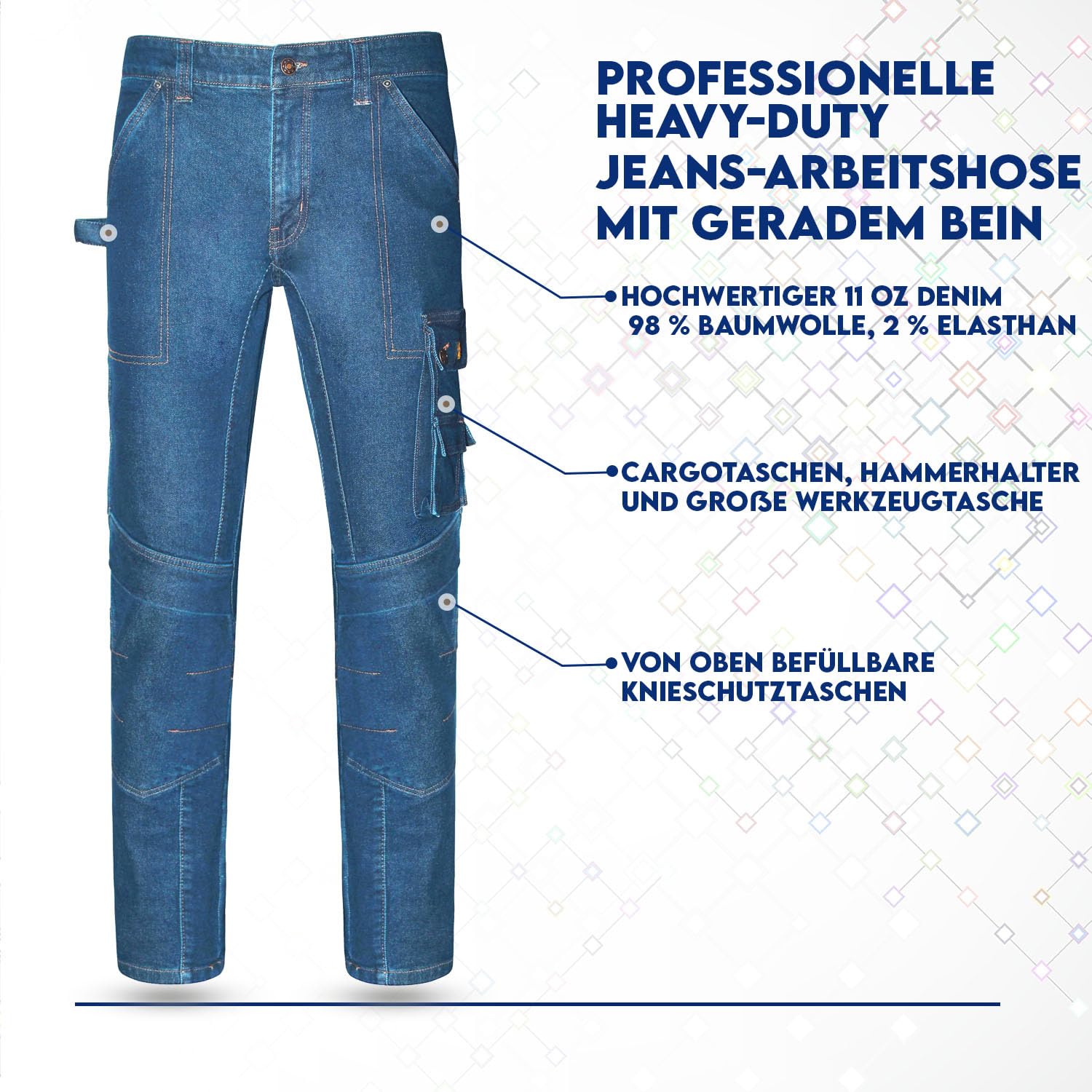 ALF.GERMANY Arbeitsjeans Herren – Robuste Denim Arbeitshose mit Cargotaschen, Multifunktion & Kniepolstertaschen, Cargo Combat Workwear