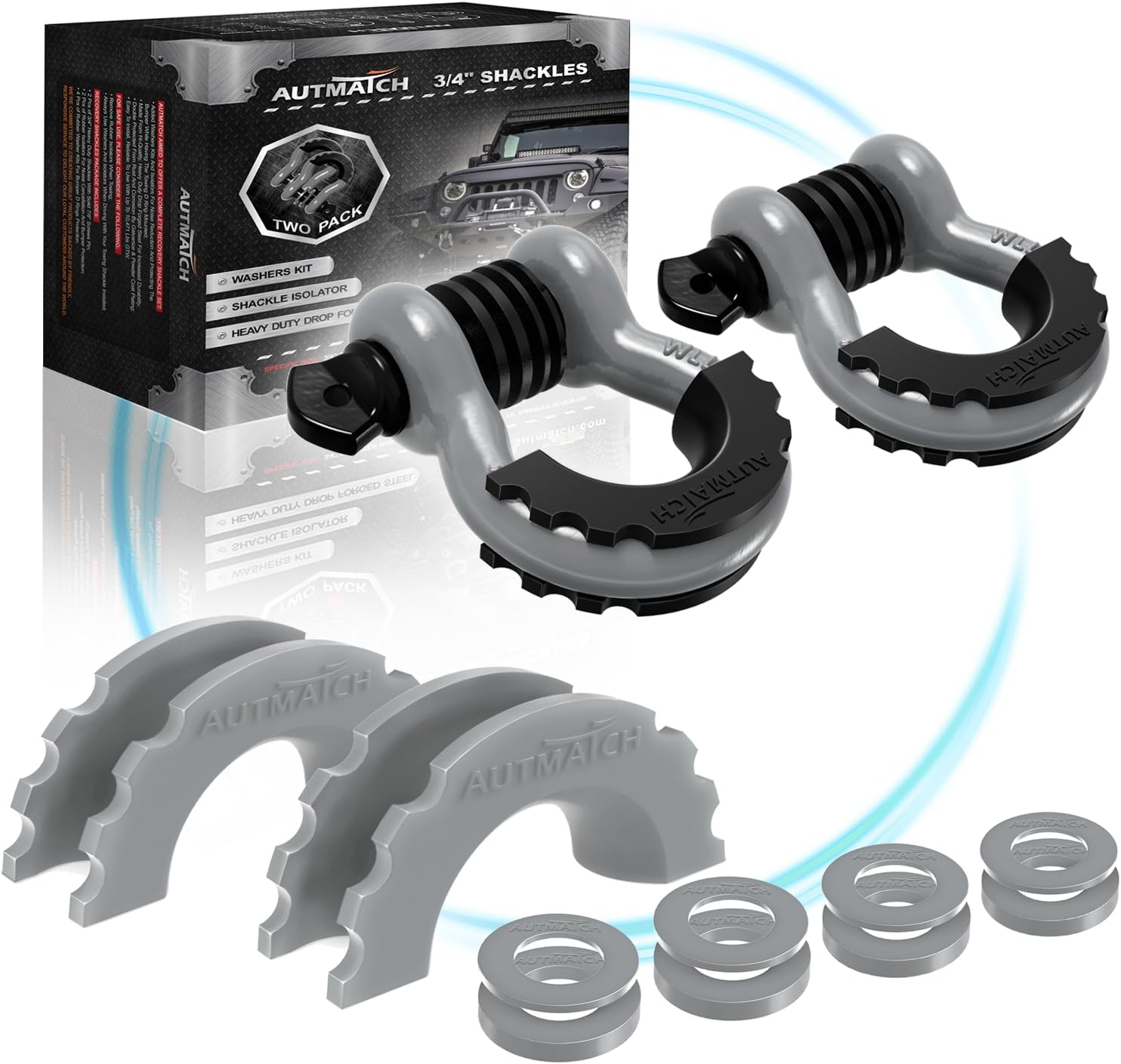 AUTMATCH 3/4" D-Ring Shackles (2 Pack) 41,887Ibs Break Strength with 7/8" Screw Pin and Shackle Isolator Washers Kit for Tow Strap Truck Off Road Vehicle Recovery, Gray
