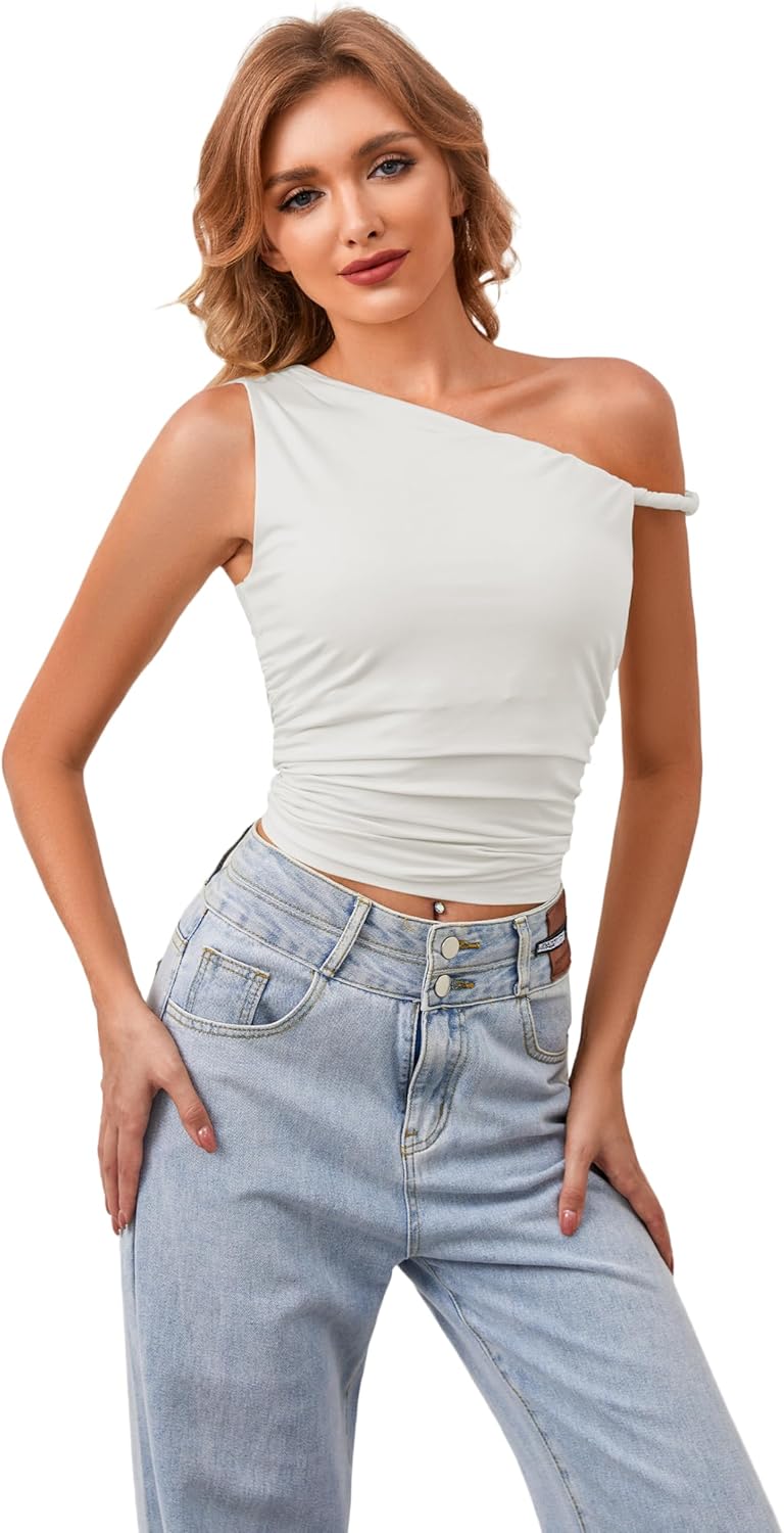 Ythomm Women One Shoulder Ruched Crop Tank Tops Casual Off The Shoulder Twist Strap Summer Tanks Tops Going Out Crop Shirts - Image 2