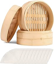 Bamboo Steamer Handmade Steamer Basket for Dumpling, Vegetable, Dim Sum, Bao Buns, Rice, 2 Tier Food Steamer with 10 Reusable Cotton Cloths, 10 Inch Multi-use Steamer Basket