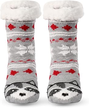Warm Hut Socks for Men and Women, Cuddly Socks with ABS Sole, Thick Non-Slip Stopper Socks with Sherpa Fleece Lining, Christmas Socks, Slippers and Sleeping Socks, Grey Fox