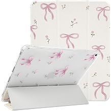 Lovmooful Compatible for iPad 5/6 9.7-Inch,2018/2017 Model,6th/5th Generation Case with Pencil Holder Cute Bowknot Ribbon Bow with Flower Floral Design Soft TPU Trifold Stand Protective-White&Pink