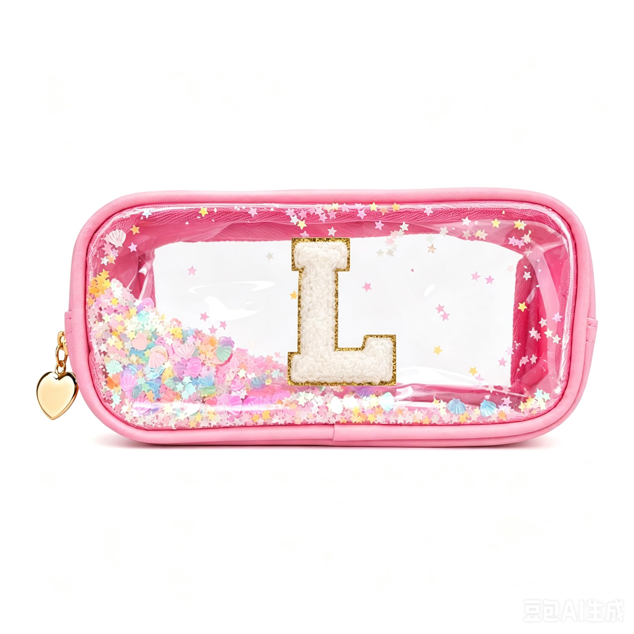 YCDKK The 26 Letters Clear Pink Pencil Case for Girls, Small Cute Transparent Pencil Case with A-Z Initial Design for School & Office, Portable Exam Zipper Pouch for Students, Teens & Women (L)