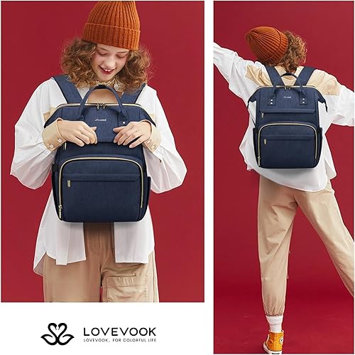 Miniatura 6 de LOVEVOOK Mochila para computadora portátil para mujer, bolsas de viaje de moda, bolsa de trabajo con puerto USB, Azul oscuro, Classic