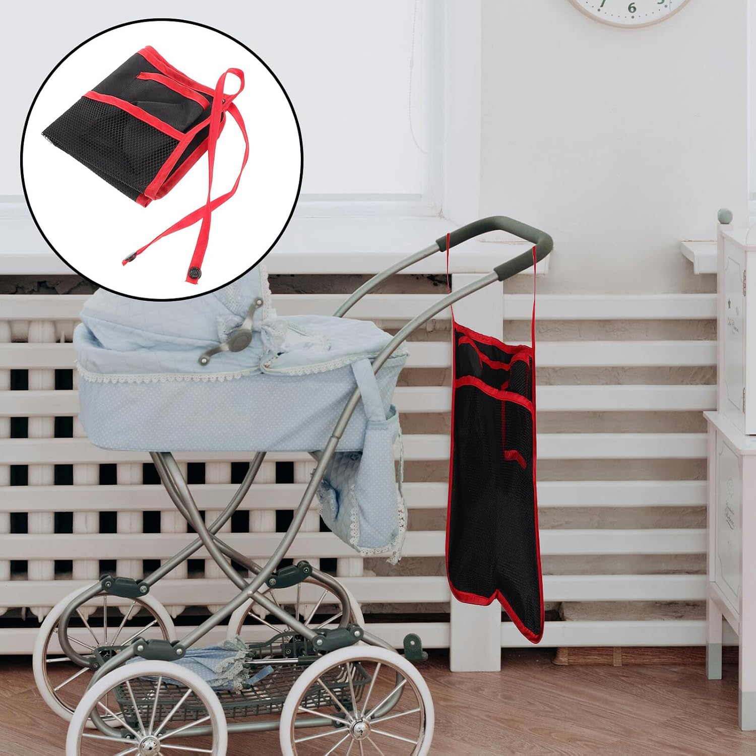 Stroller Organizer Bag with Universal Mesh Stroller Caddy for Travel and Daily Use Portable Cart Storage Pouch with Red Trim