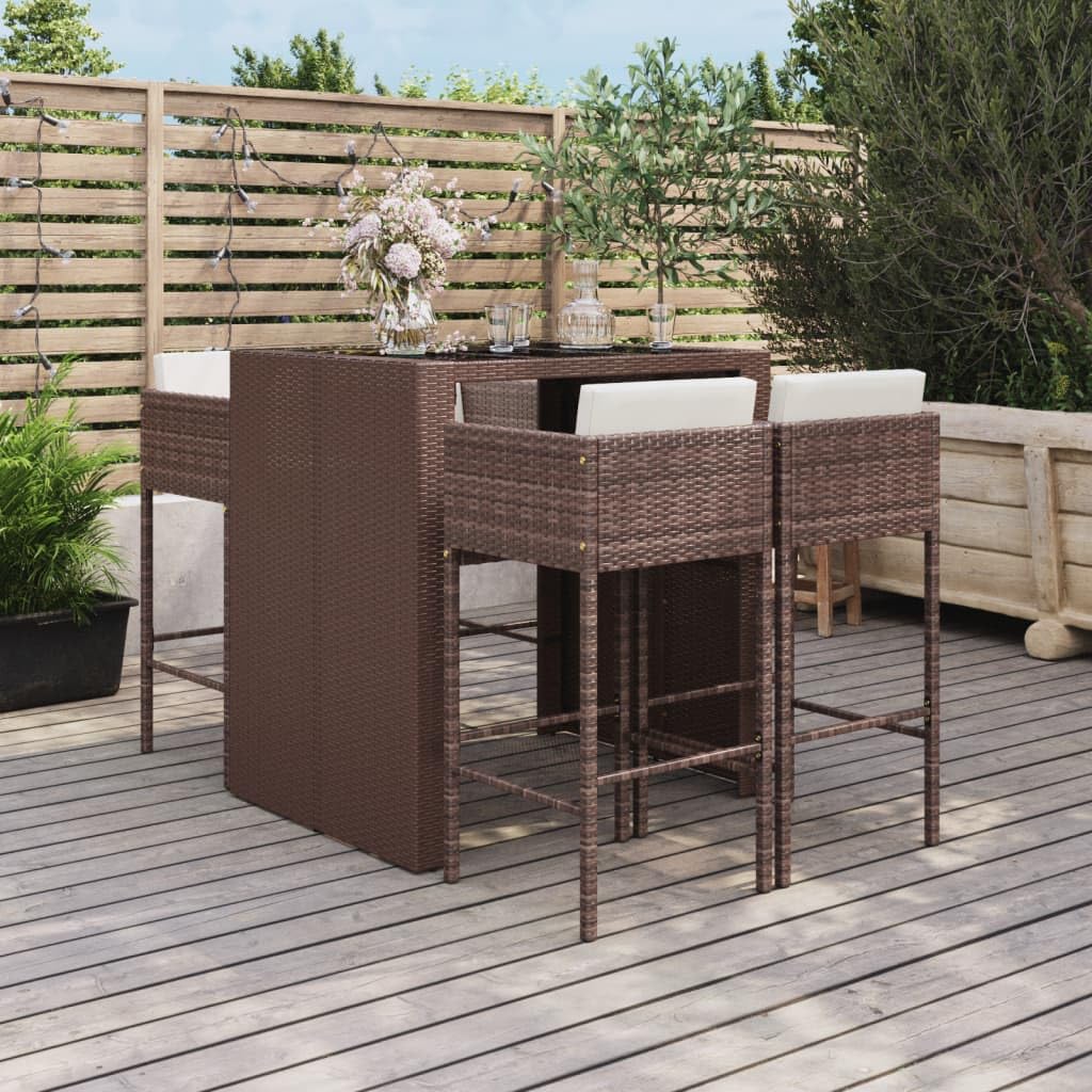 Juego de muebles de jardín de 5 piezas con cojines de ratán marrón, para terraza, balcón y jardín, sofá de exterior resistente a la intemperie con grupo de comedor, banco, taburetes y cómodos