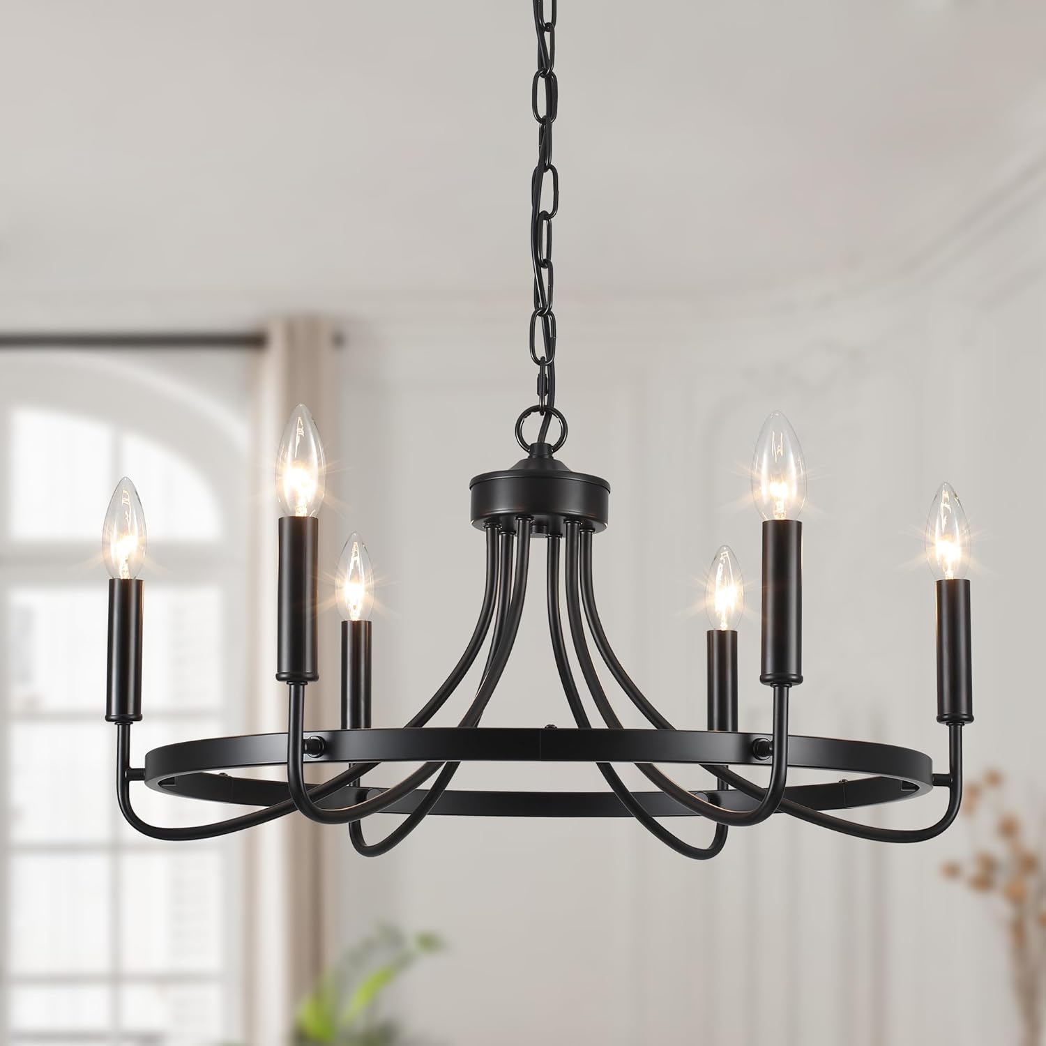 Black Wagon Wheel Chandelier 6 Lights Farmhouse Round Pendant Light Fixture 25" Rustic Vintage Wheel Chandeliers for Kitchen Island Living Room Entryway Foyer wheel black