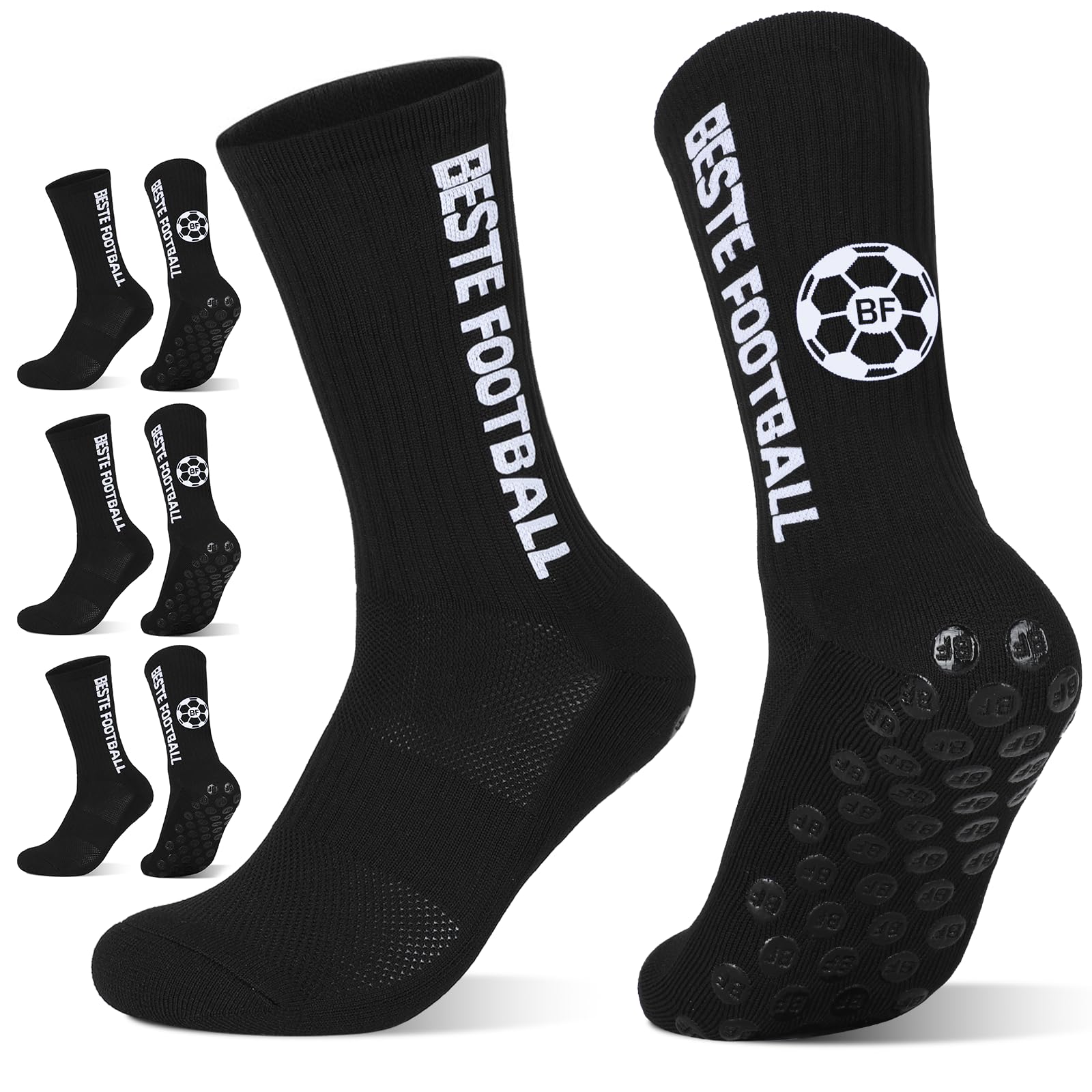 BESTE FOOTBALL Grip Socken Fussball,3 Paar Fussballsocken 35-38 39-42 43-46, Anti Rutsch Football Socks für Kinder Herren Damen,Atmungsaktiv Rutschfeste Fußball Sportsocken für Soccer Basketball