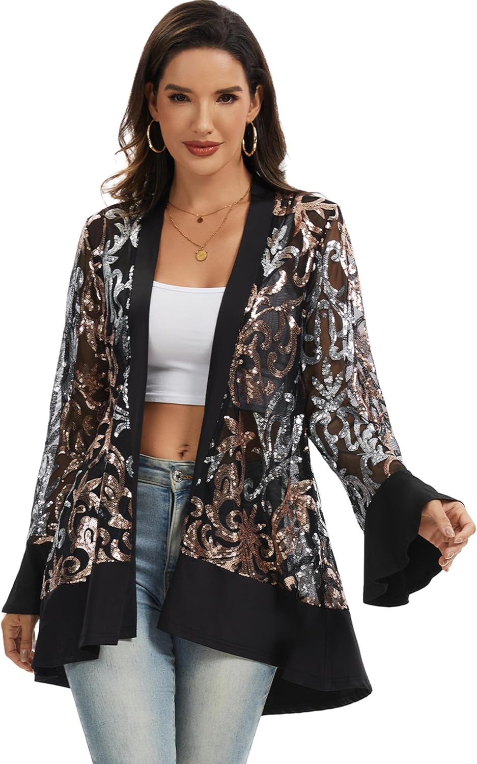 Anna-Kaci Women's Sequin Lace Mesh Cardigan Jacket with Open Front Trim for Party, Holiday, and Evening Wear - Image 4
