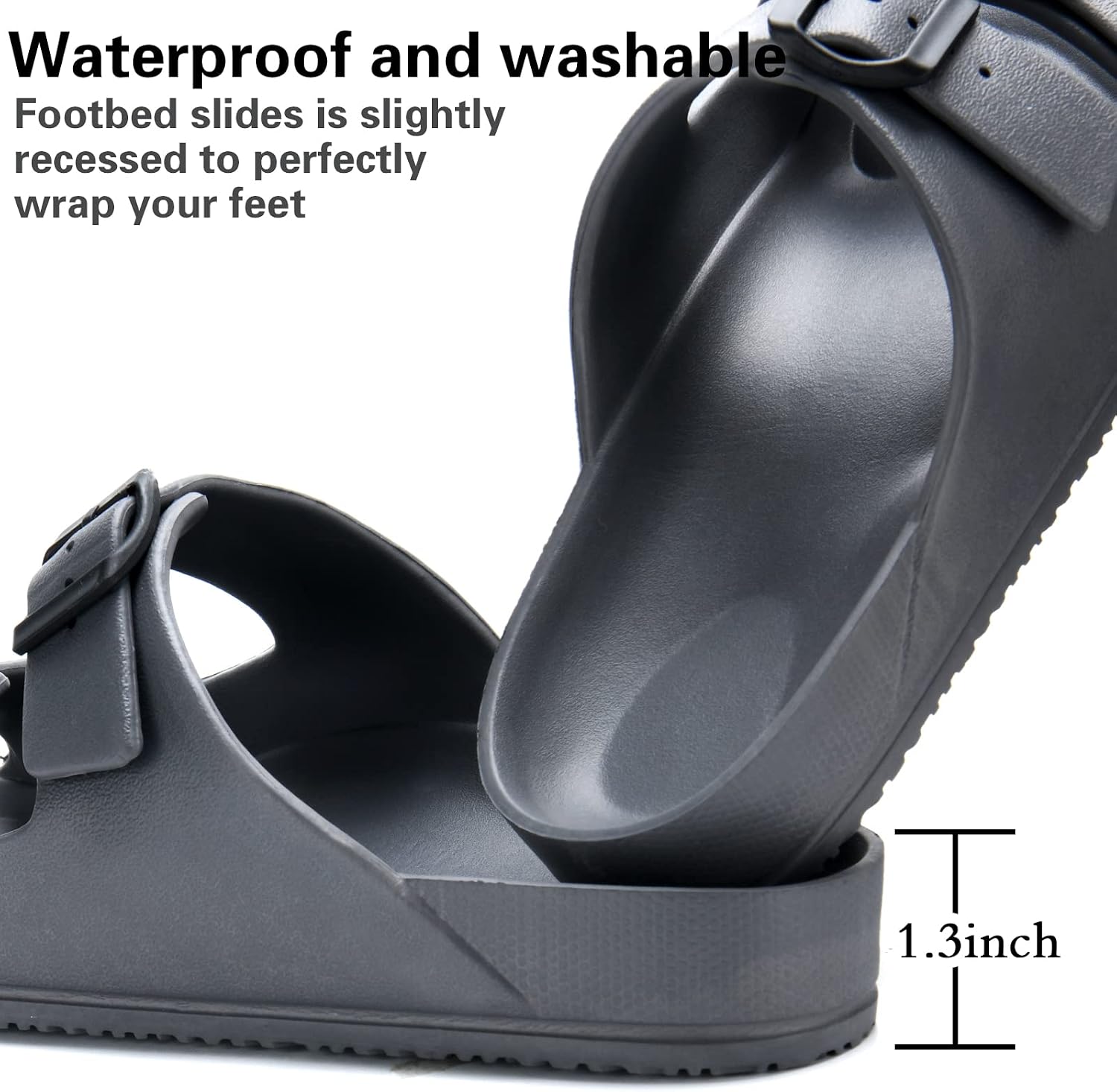 Temi Mens Slides Adjustable Slip on Sandals,Summer Beach Pool Shower EVA Sandals for Men,Double Buckle Lightweight Waterproof Comfy Bathroom Flat House Slippers for Men Size image 4