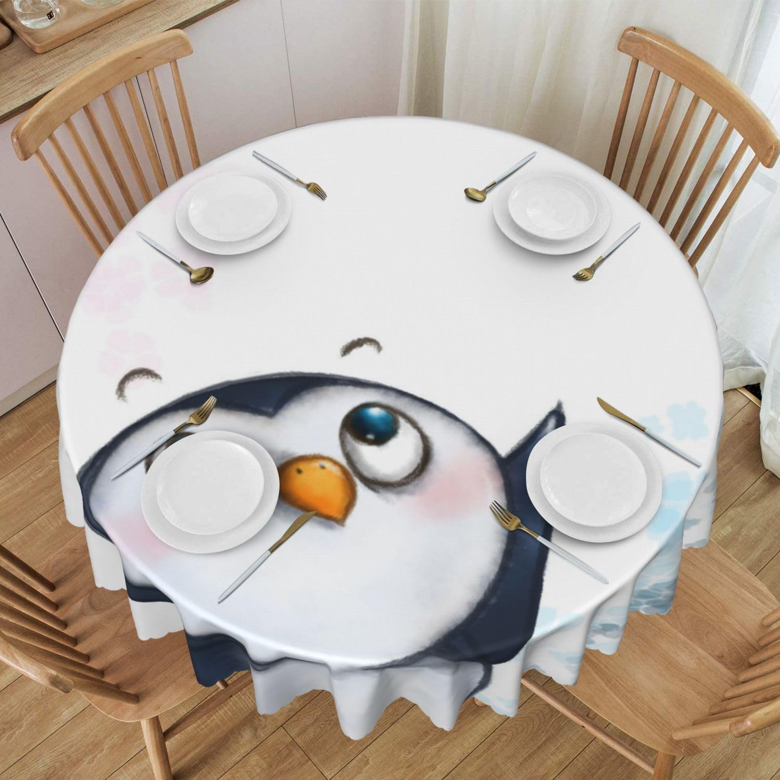 DCEHGEW 60 In Round Tablecloth with Lace, I Love Penguins Printed Oilproof & Washable Fabric Picnic Table Cloth Table Covers