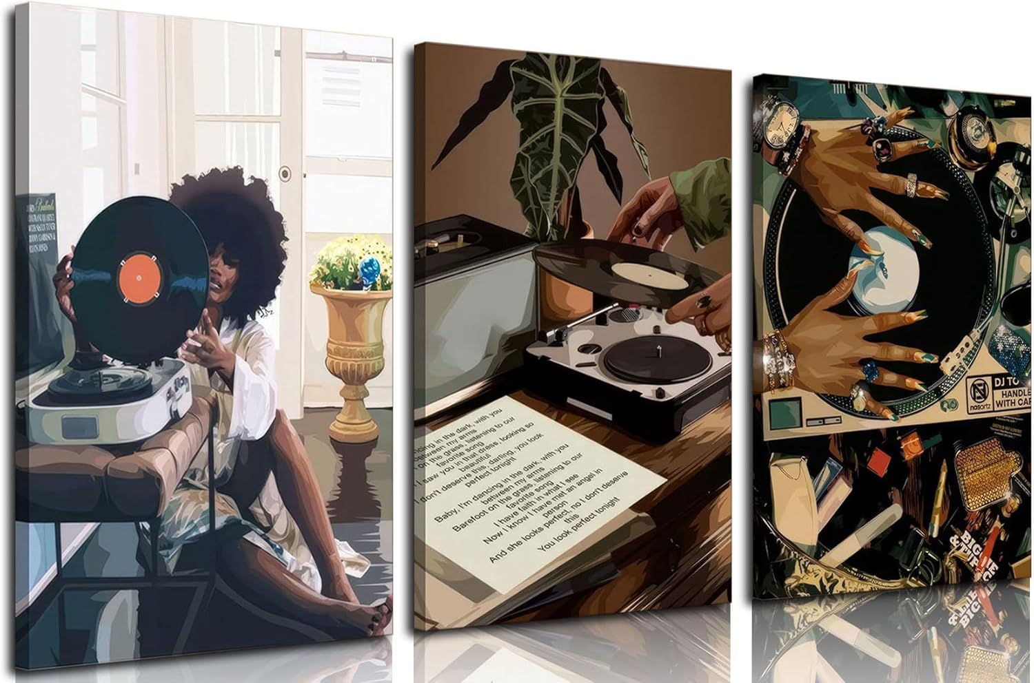 Framed Black Girl Canvas Wall Art 3Pcs black Girl Record Music Wall Decor Pictures Funky Black Girl Posters prints for Modern Black Woman Bedroom Home Decoration 12x16in