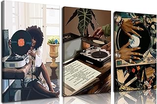 Framed Black Girl Canvas Wall Art 3Pcs black Girl Record Music Wall Decor Pictures Funky Black Girl Posters prints for Modern Black Woman Bedroom Home Decoration 12x16in