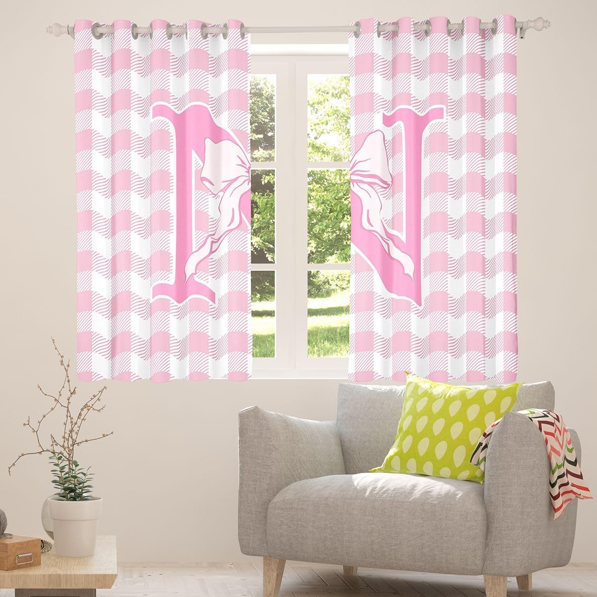 Feelyou Pink Bowknot Curtains for Bedroom Living Room Cute Plaid Checkered Blackout Shades Dreamy Geometric Room Darkening Curtain Personalized Letter N Window Treatments, 2 Panels 38 x 45 Inch Decor image 4
