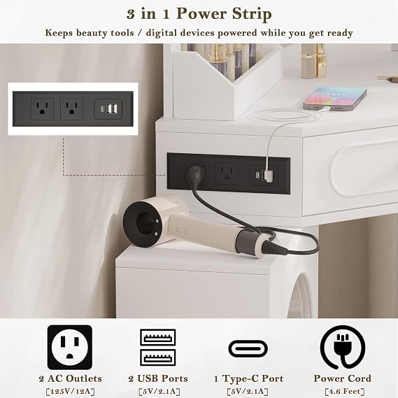 Corner Vanity Desk with 3 Way Mirror & LED Lights, Makeup Table with Charging Station, Storage Drawers & Cabinets, Modern Dressing Table for Bedroom, Women & Girls Gift (Bulb White)