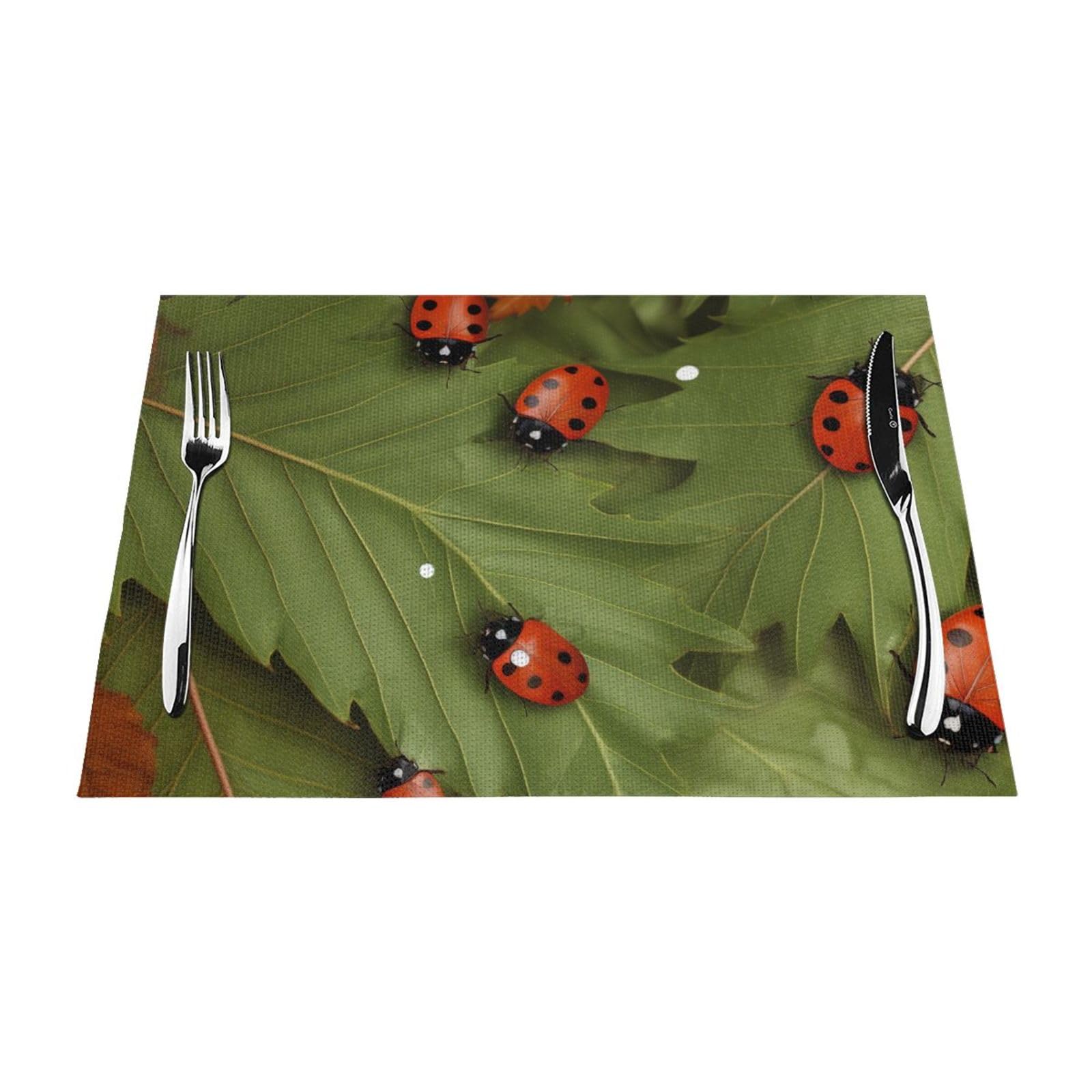 Leaves and Ladybugs Printed PVC Placemat 4 PCS for Kitchen Dining Table Heat-resistand Washable Table Mats 18x12 in