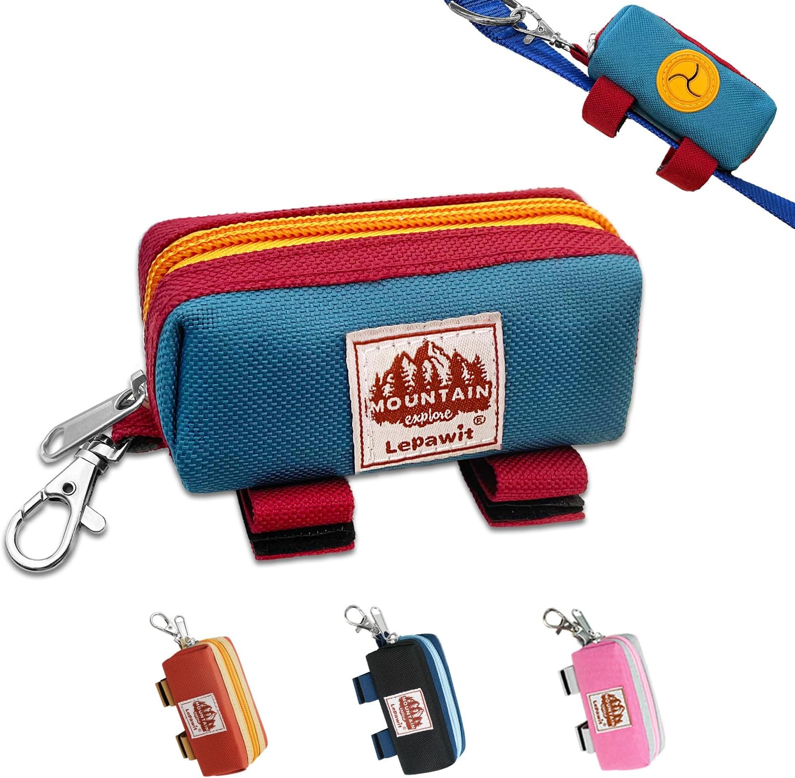 Dog Poop Bag Holder for Leash, Zippered Canvas Poop Bag Dispenser Pouch with Velcro Straps & Metal Carabiner Clip, Holds Keys & Treats for Daily Dog Walking