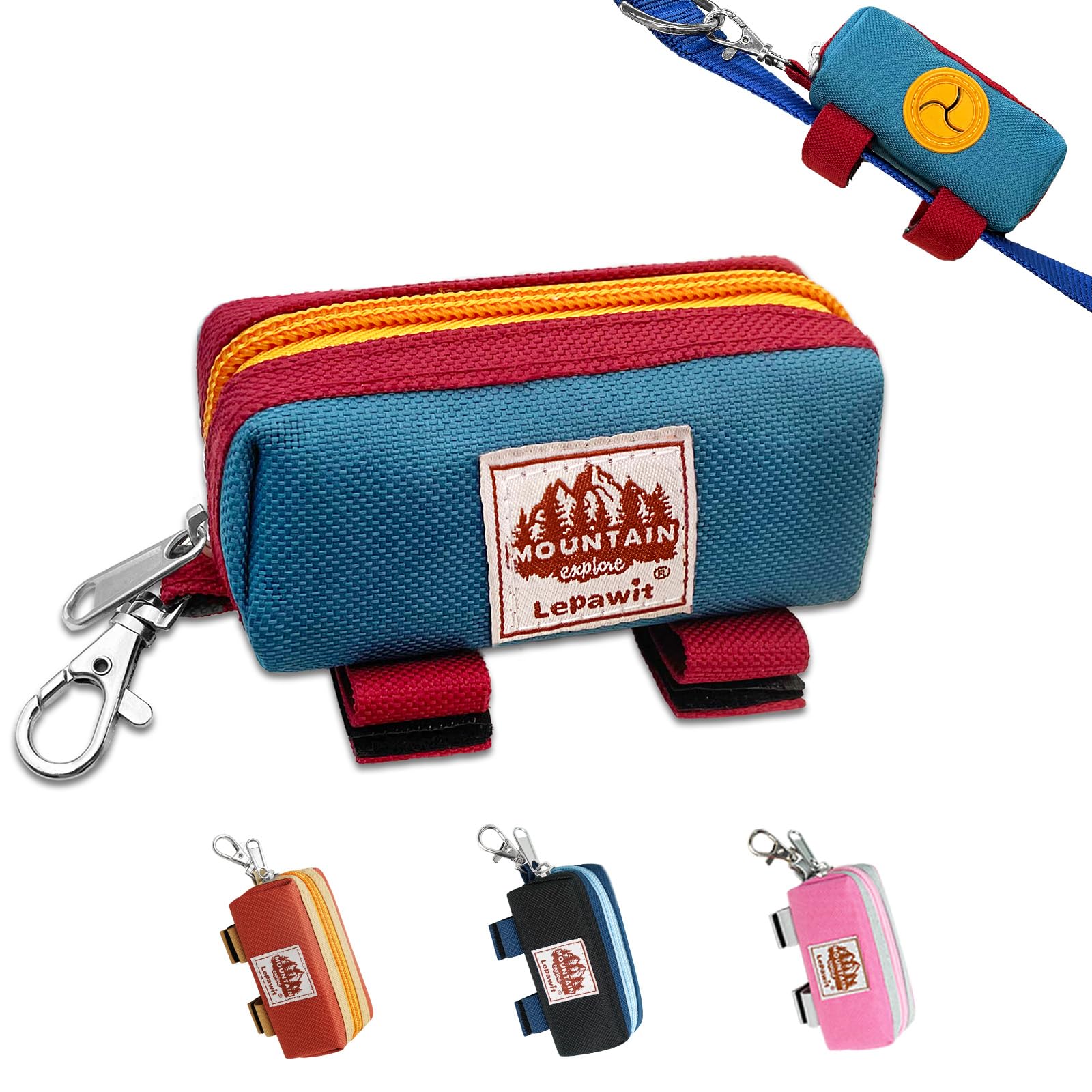 Dog Poop Bag Holder Zippered Pouch, Portable Dog Poop Bag Dispenser with 1 Metal Clip, Fashion Color Matching Canvas Waste Bag Holder for Leashes
