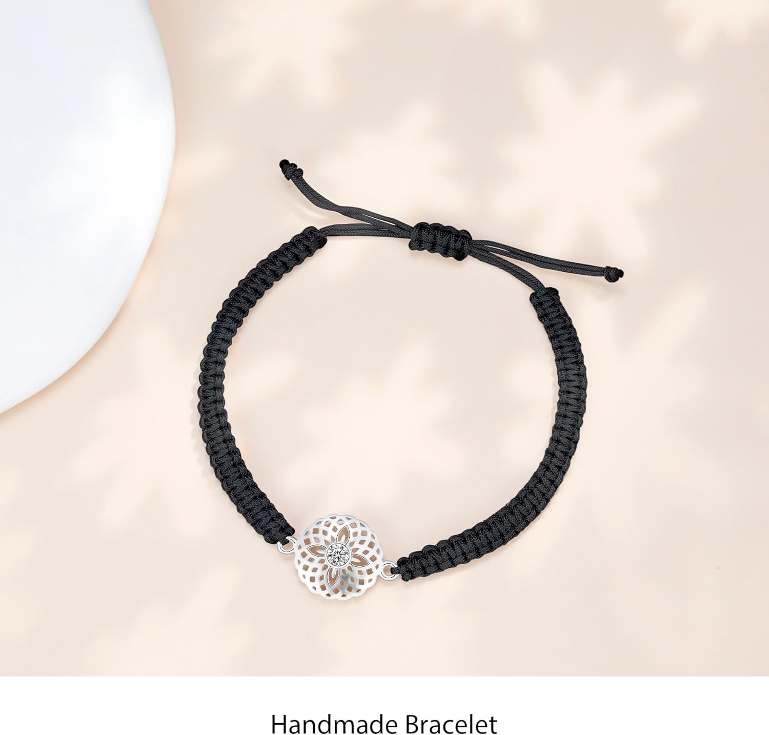 J.Endéar Mandala Flower Bracelet 925 Sterling Silver for Women, Handmade Braided Rope Black String Adjustable Lady Jewelry, Yoga Meditation Buddhist Spiritual Lucky Amulet Gift - Image 3
