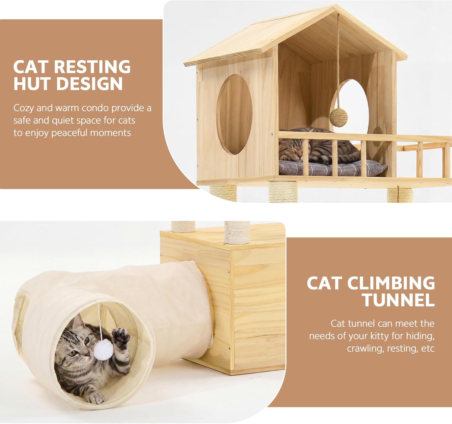 Cat Tree Tower for Large Cats, 61''H Wood Cat Tower with Dual Tunnels, Sturdy & Durable Pet Activity Center for Indoor, Multi-Level Cat Tower with Scratching Posts, House, Condo, Runway