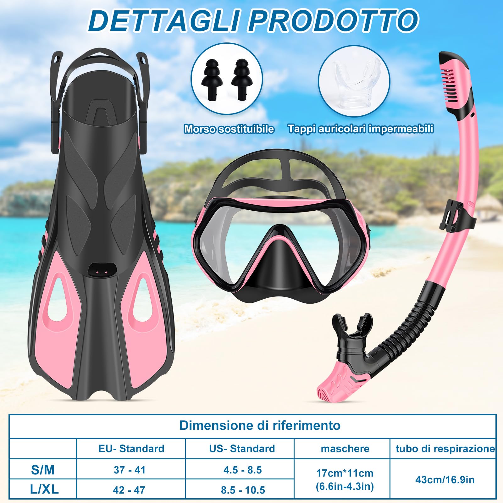 IEEILULU Set da Snorkeling per Adulti, Set di Boccaglio con Maschera Subacquea, Snorkel Semi Asciutto e Pinne Regolabili, Set da Immersione per Adulti Snorkeling Avventura Subacquea