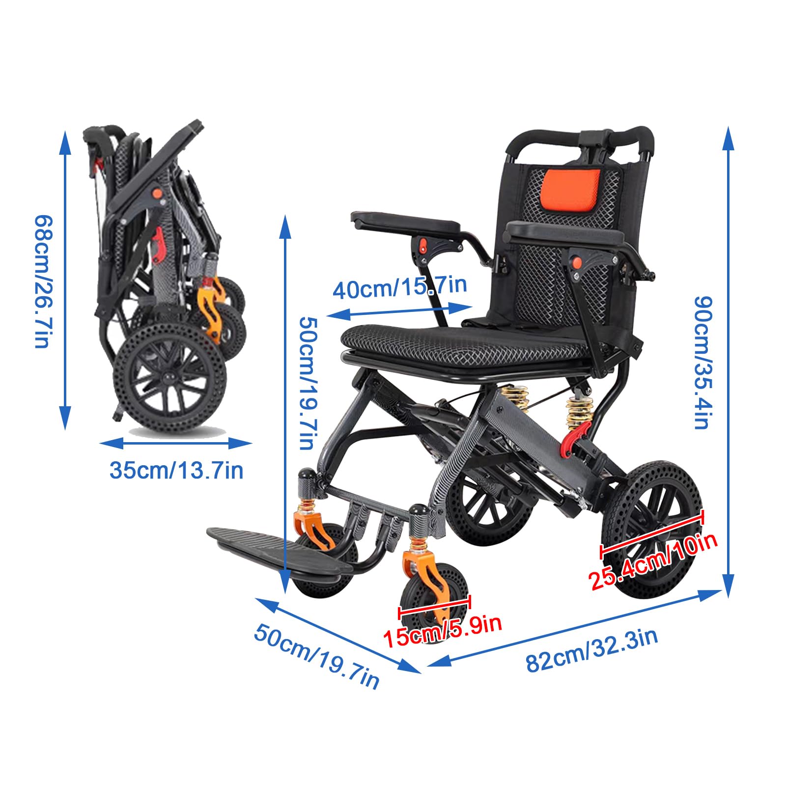Składane wózki inwalidzkie dla dorosłych, ultralekki wózek inwalidzki, wózek inwalidzki do podróży, terenowy wózek inwalidzki, przenośny aluminiowy wózek transportowy (Rear wheel 25.4cm/10in)