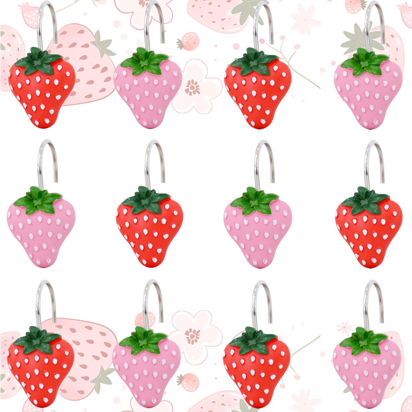 Crochets de rideau de douche en acier inoxydable avec décors fraises roses et rouges