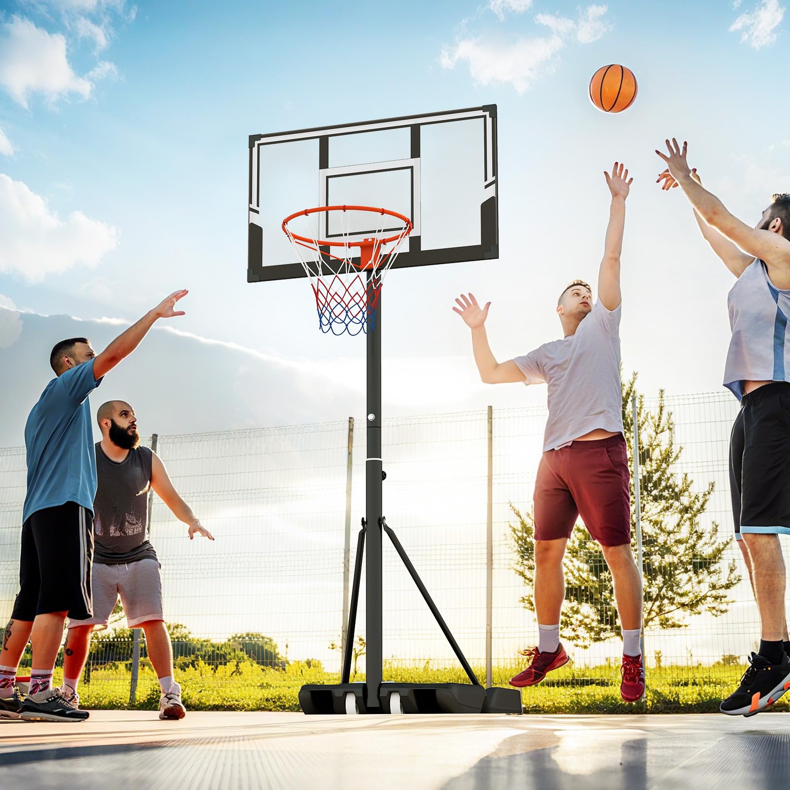 LIFEZEAL Canasta de Baloncesto para Exteriores, Soporte de Baloncesto con Altura Ajustable de 100 a 305 cm, Sistema Móvil con Pared Trasera de 110 x 75 cm, Cesta de Patio Trasero