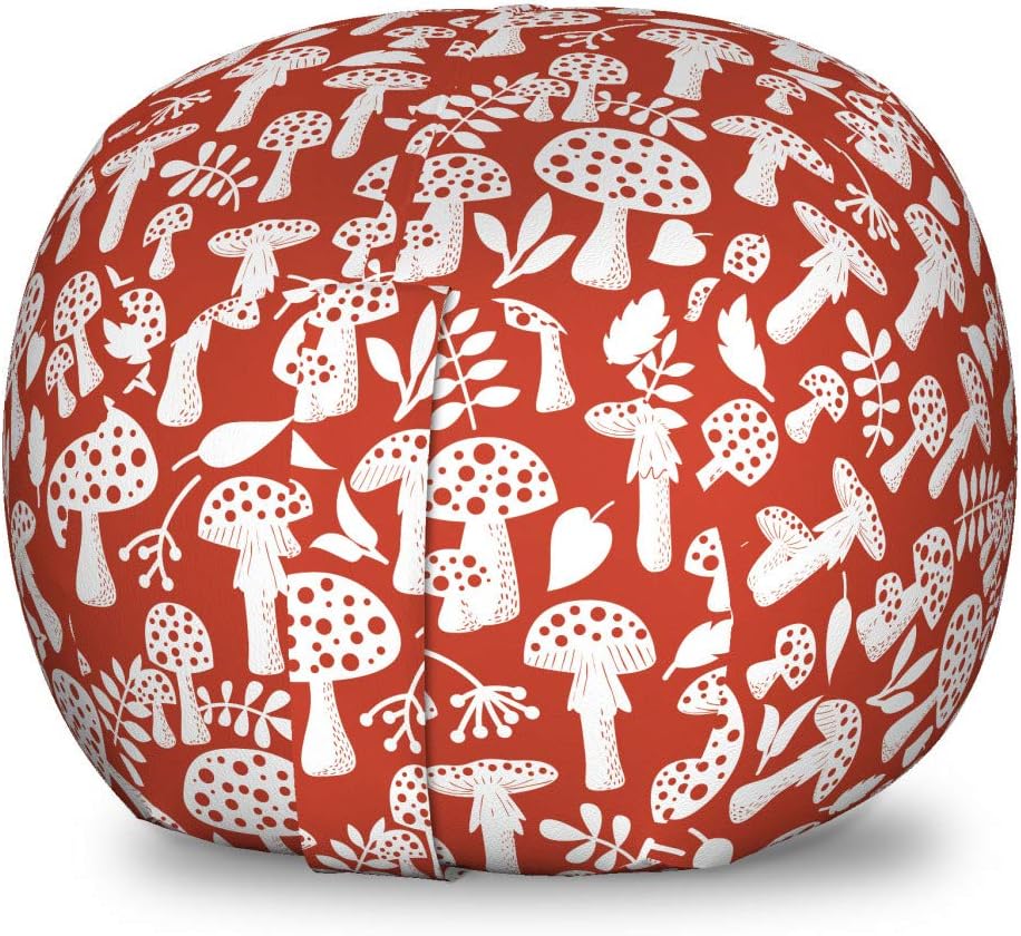 Ambesonne Mushroom Storage Toy Bag Chair, Amanita Pattern Leaves Berries Poisonous Plants Cartoon Style, Stuffed Animal Organizer Washable Bag, Small Size, Sienna White