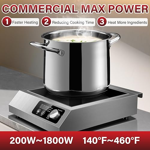 Miniatura 4 de Cocina de inducción comercial, Quemador de inducción de 1800 W con sensor táctil, perilla y pantalla LCD, quemador eléctrico único certificado ETL,