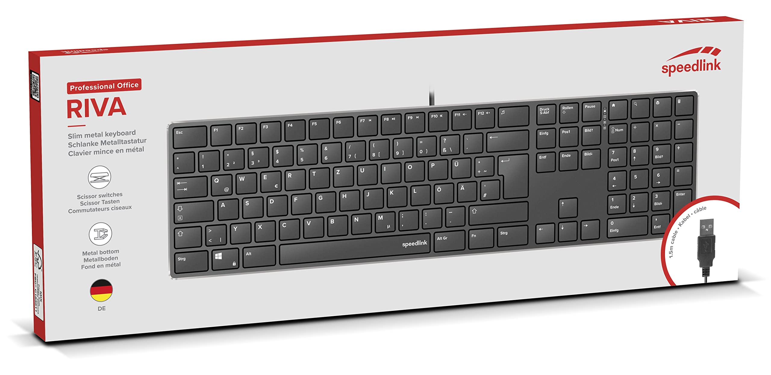 Speedlink RIVA Scissor Keyboard – Tastiera PC con cavo, silenziosa tastiera USB con tasti piatti, durevoli interruttori a forbice ergonomici, 7 tasti multifunzione, layout tedesco, nera