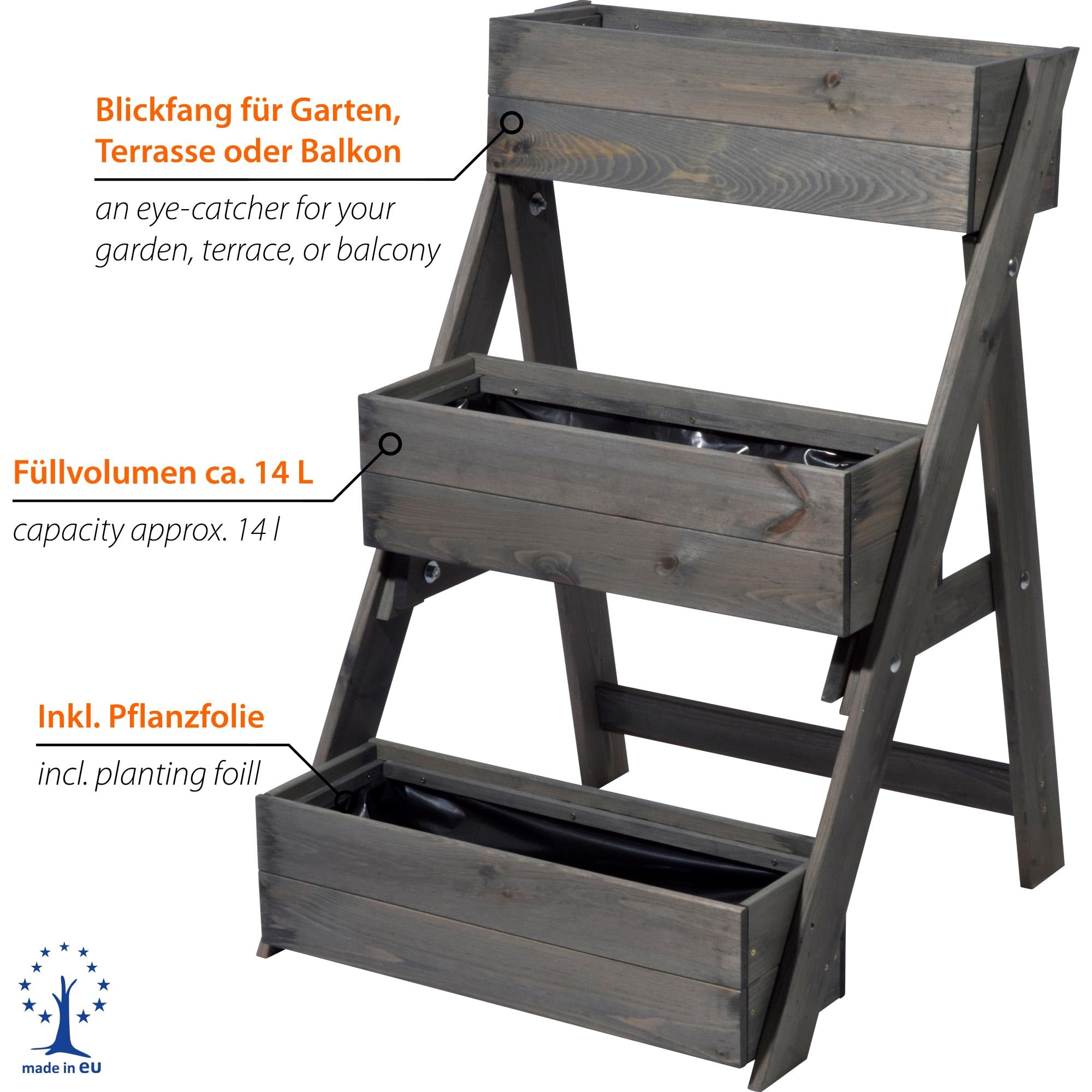 dobar® Dreistufige Pflanztreppe Outdoor aus Massiv-Holz für Balkon und Garten - Blumenbeet mit 3 Pflanzkästen wetterfest lasiert für draußen - 60 x 70 x 90 cm - Anthrazit
