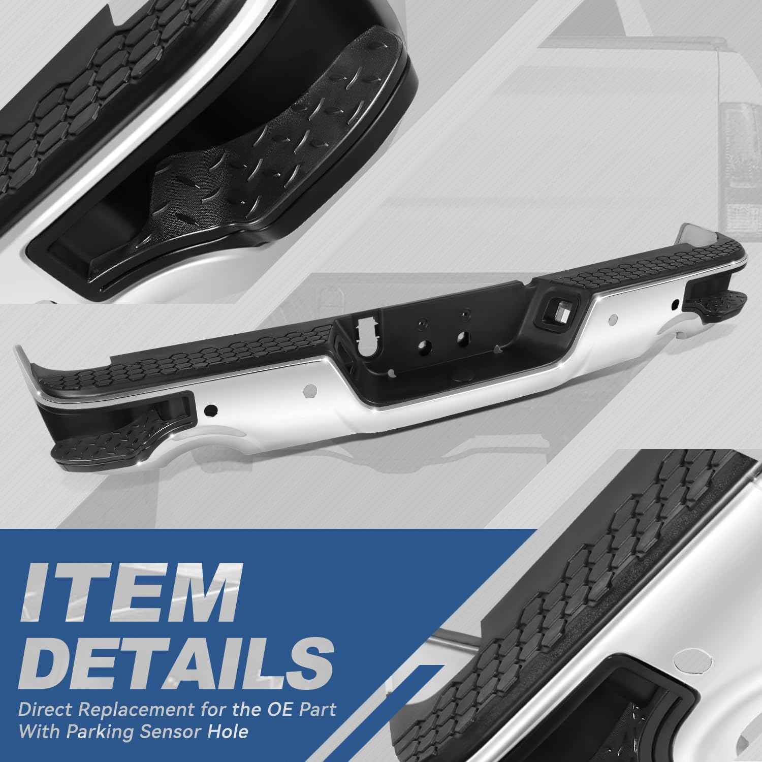 Auto Dynasty Rear Step Bumper Assembly Compatible with 09-10 Dodge Ram 1500, 11-18 Ram 1500, 19-23 Ram 1500 Classic, w/Park Sensor & Dual Exhaust Cutouts, Step Pad, License Plate Light, Chrome