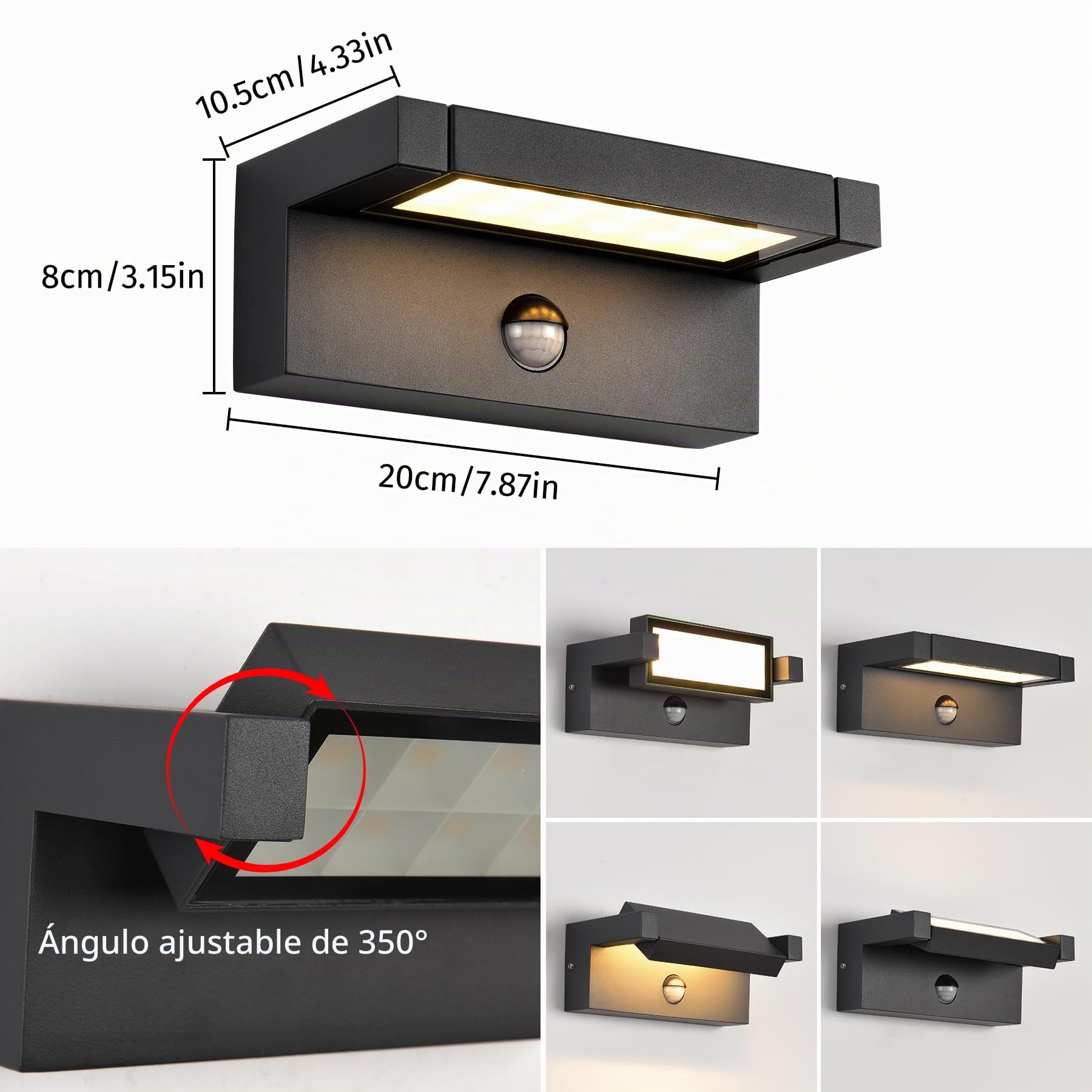 KUKAK LED aplique pared de 22W con sensor de movimiento,luz terraza exterior IP65 impermeable,aplique de 3000K en blanco cálido para exterior/interior con panel orientable de 350° para jardín,Negro