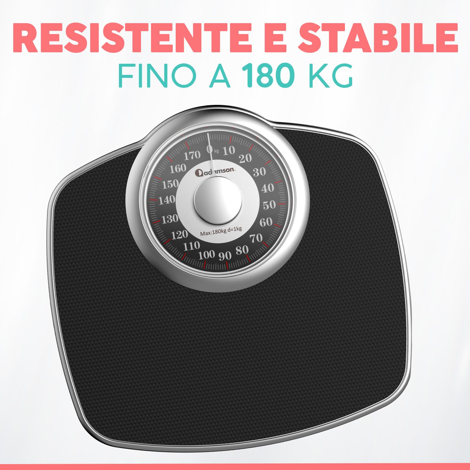 Adamson A25 Bilancia per Peso Corporeo - Fino a 180 KG - Quadrante Da 5,3” su Piattaforma 31x30cm - Superficie in Gomma Antiscivolo - Bilancia Da Bagno Analogica - 20 Anni di Garanzia - Argento