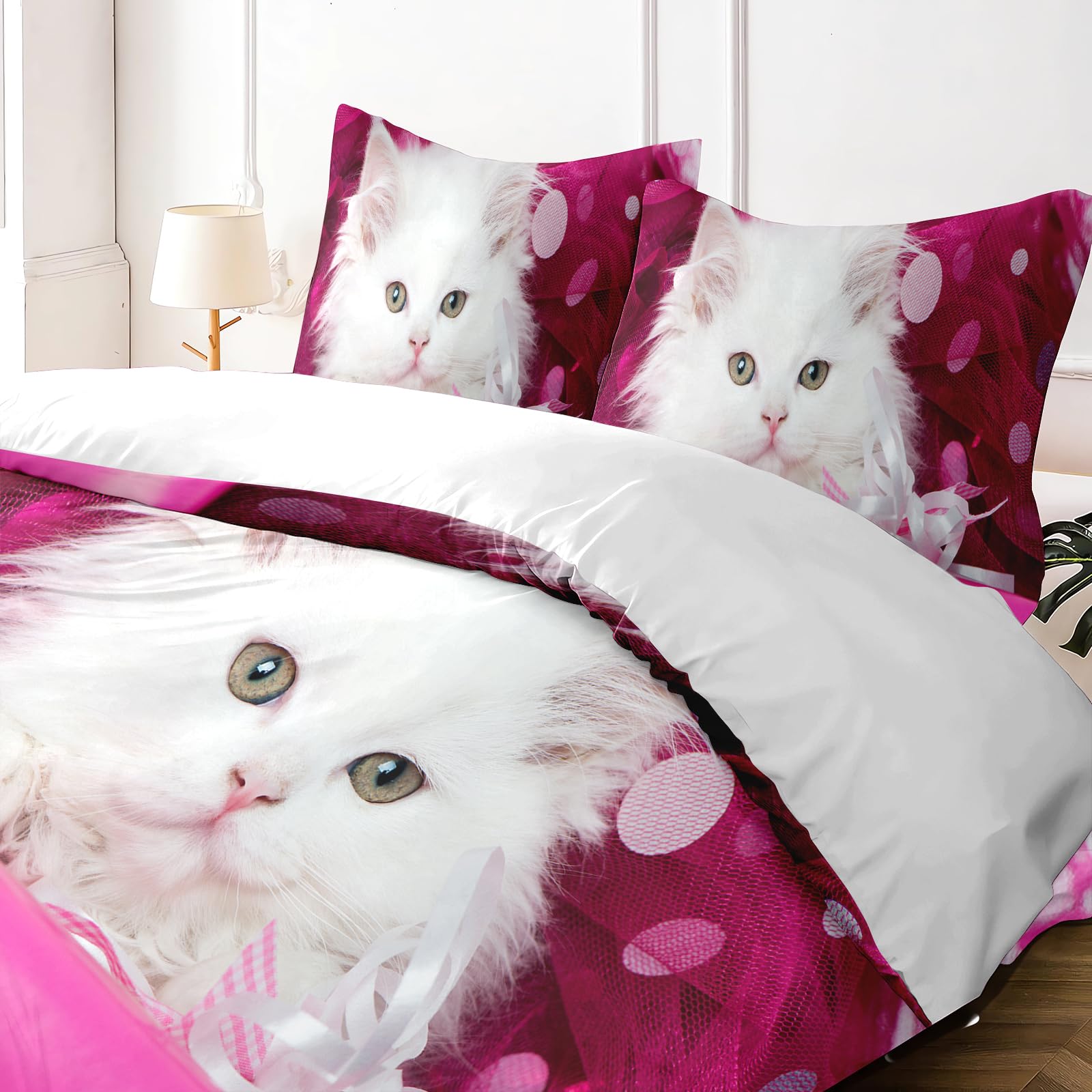 Yzehomijia Cat Duvet Cover Sets 200×200 cm, 3D Cat Print, 1 Pink Microfibre Duvet Cover + 2 Pillowcases 65×65 cm.(Cat1×200) - Image 2