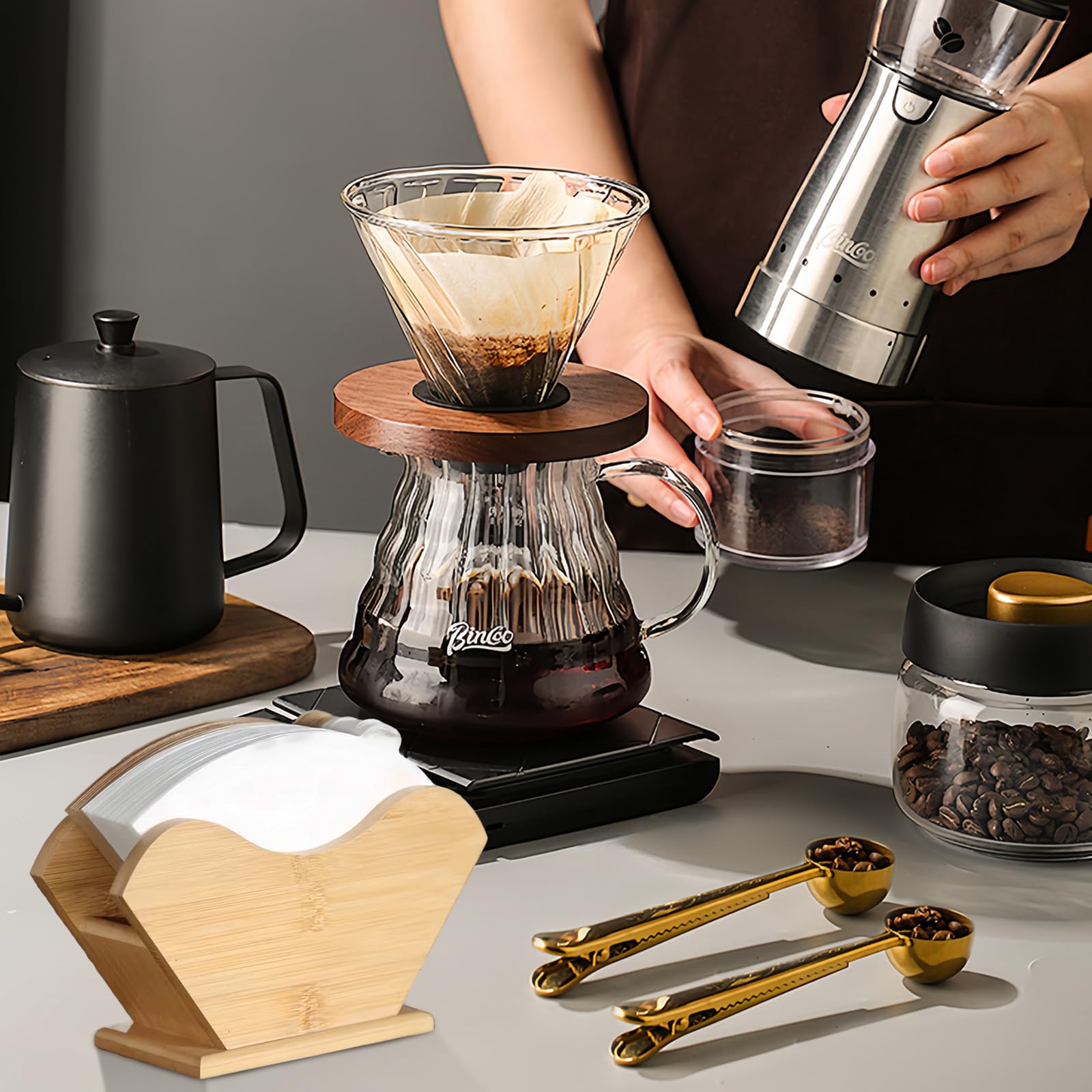 Portafiltri Per Caffè In Legno Naturale - Dispenser Salvaspazio A Forma Di Ventaglio - Rack Per Filtri Di Carta, Bustine Di Tè E Tovaglioli - Per Cucina, Ufficio E Bar