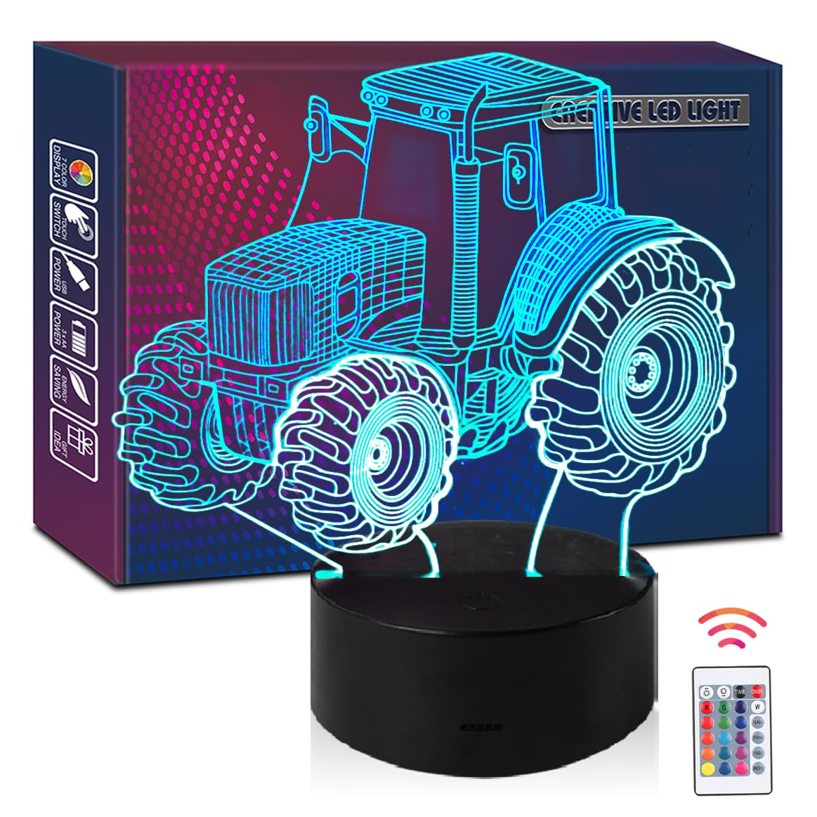 HIPIYA Tractor Night Light LED 3D Illusion USB Multi Color Lamp Festival Present Birthday Gift for Farmer Kid Boy Girl Toddler Nursery Man Bedroom Decoration Room Decor (Tractor)