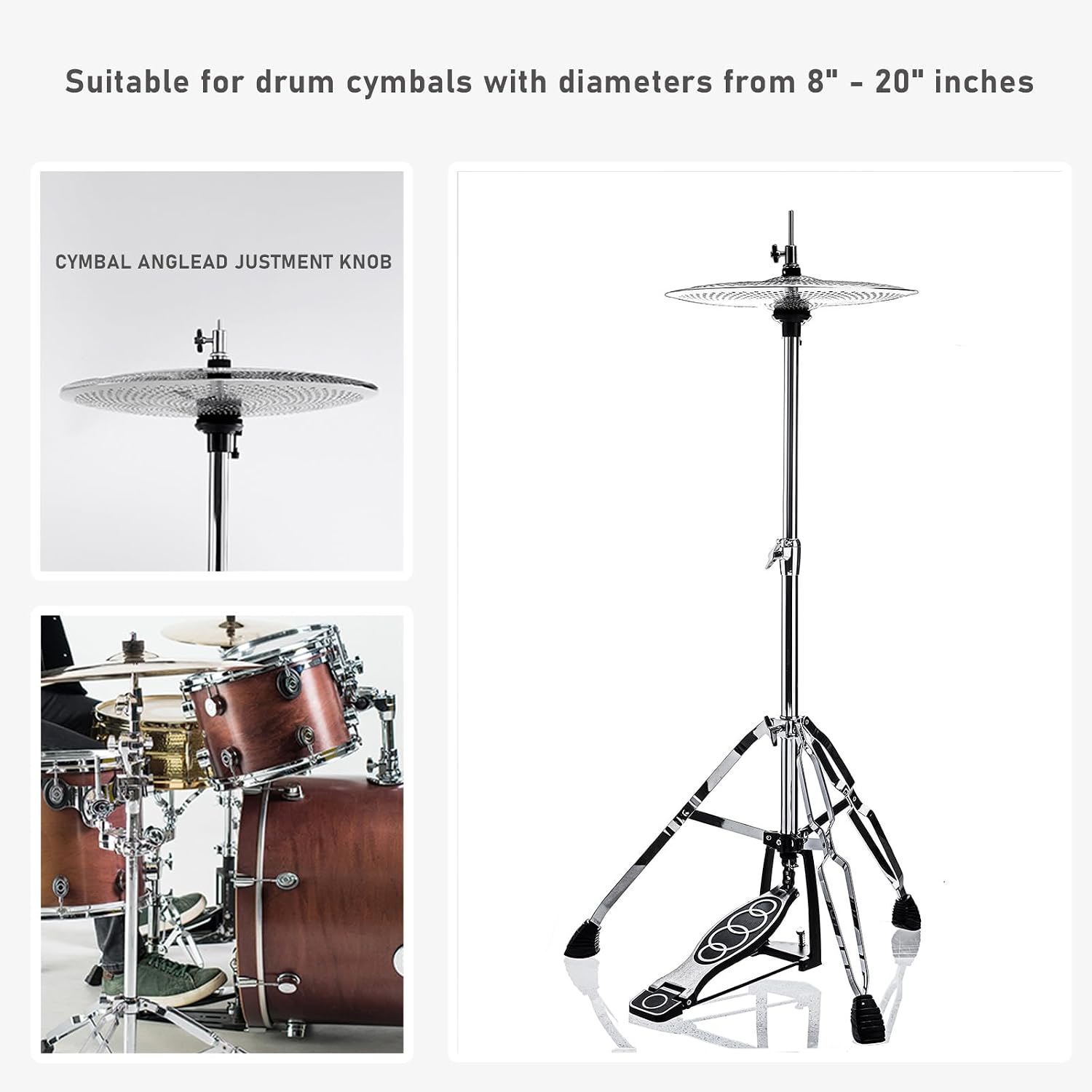 Hi Hat Stand，Three Legs Hi-Hat Stand，Adjustable Height 23.6" to 39.3", Double Braced High Hat Stand with Widened Non-Slip Rubber Feet (V-CC-YQ06)