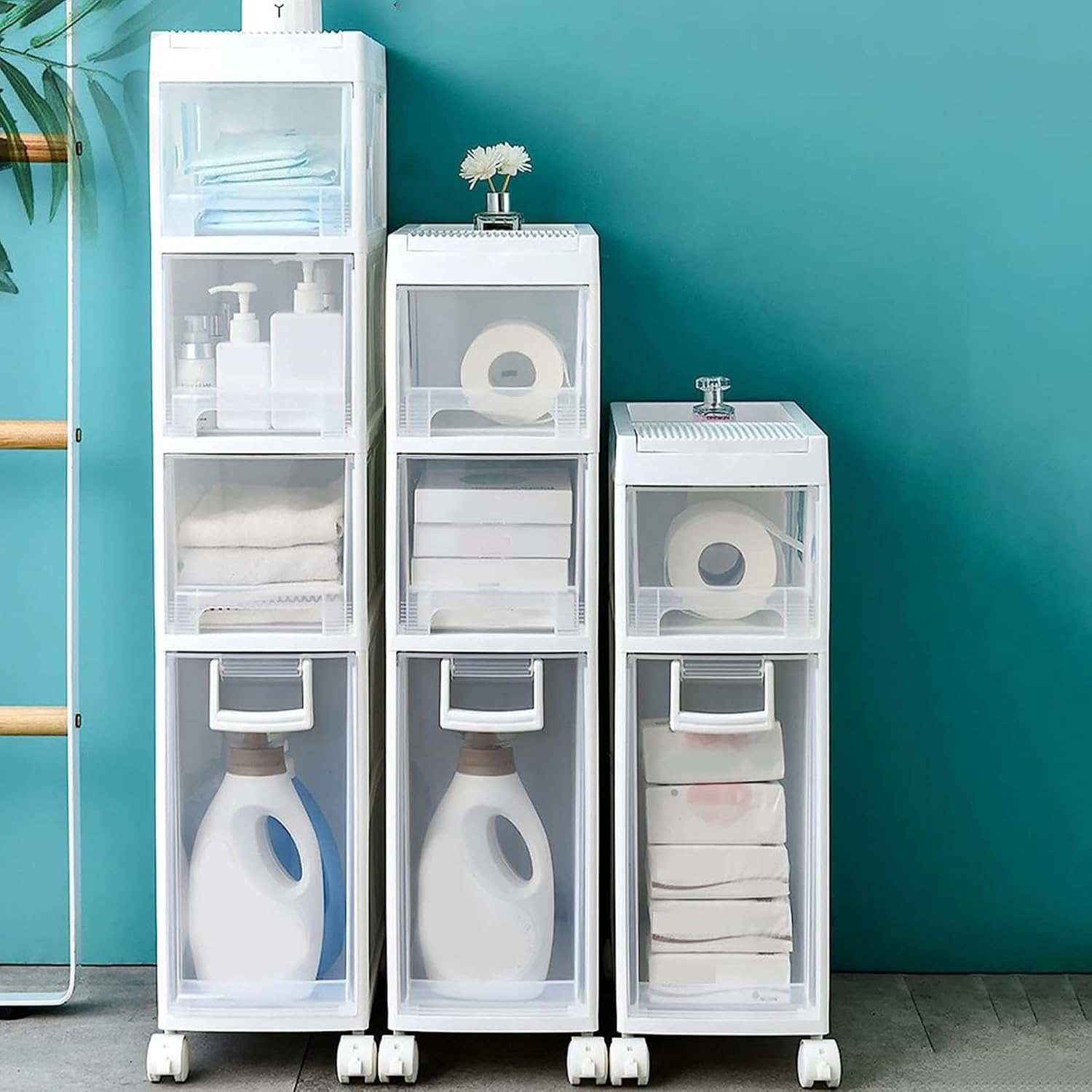 XENITE 16cm Narrow Slim Bathroom Floor Cabinet, Skinny Toilet Paper Storage Cabinet with 4 Plastic Drawers and Casters Large Capacity Vertical Storage Unit for Bathroom, Small Spaces, Gaps