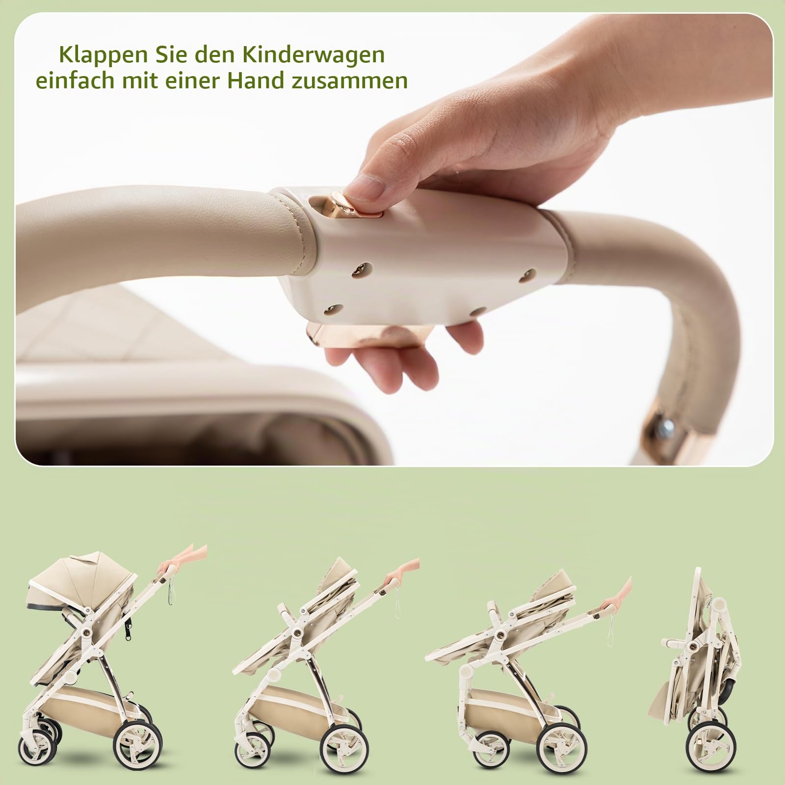 Zkiprm 3-in-1-Kinderwagen, 3-in-1-Reisesystem mit Autositz, mit Regenschutz, Aluminiumrahmen, Stadtwagen, faltbar, mit einer Hand, für Kinder von 0-4 Jahren,Khaqi