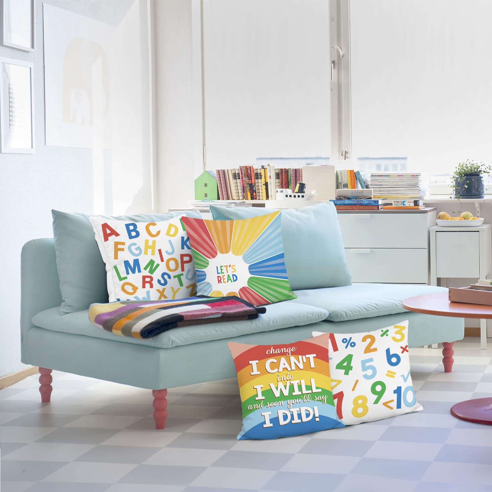 Bonhause Kids Throw Pillow Covers 18 x 18 Inch Set of 4 Reading Classroom Rainbow Alphabet ABC Soft Velvet Decorative Pillow Cases for Couch Sofa Bed Kids Room Decor