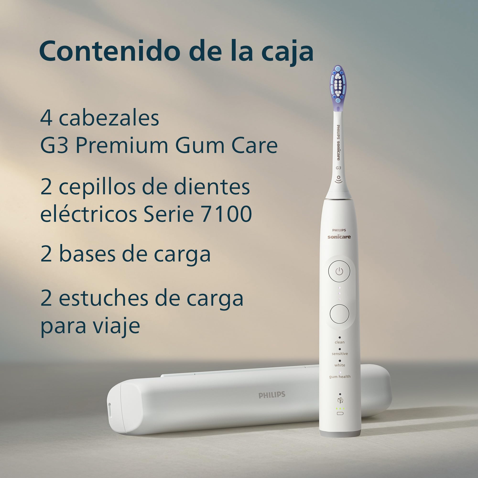 Cepillo eléctrico Philips Sonicare Serie 7100 - Tecnología Next Generation, sensor de presión, 12 ajustes, 21 días de autonomía, estuche con opción de carga, blanco y negro, pack doble, HX7429/04