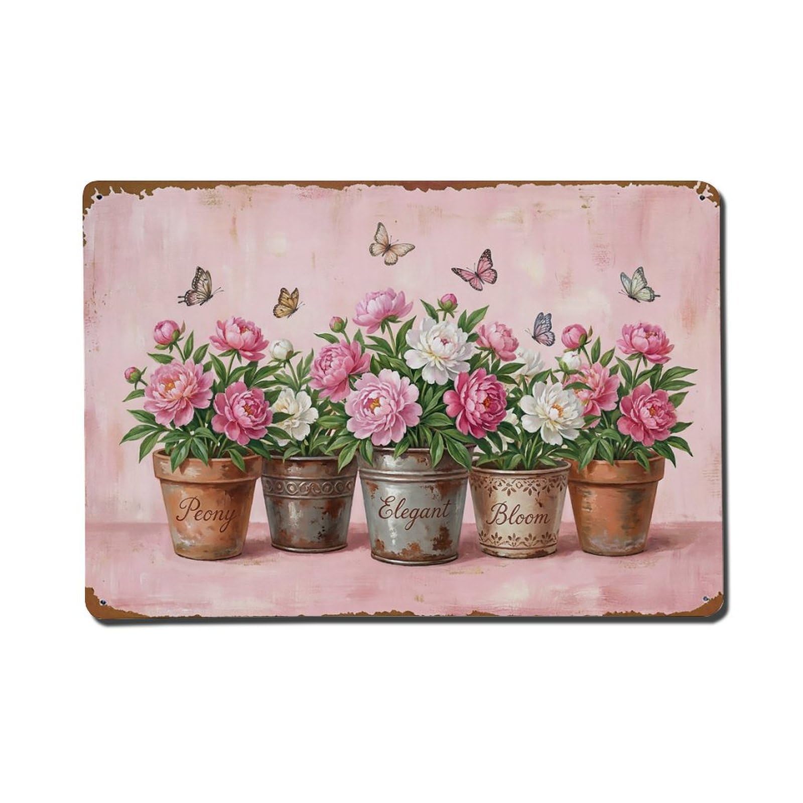 Vintage Rustic Flower Potted Plants Peony Metal Tin Sign