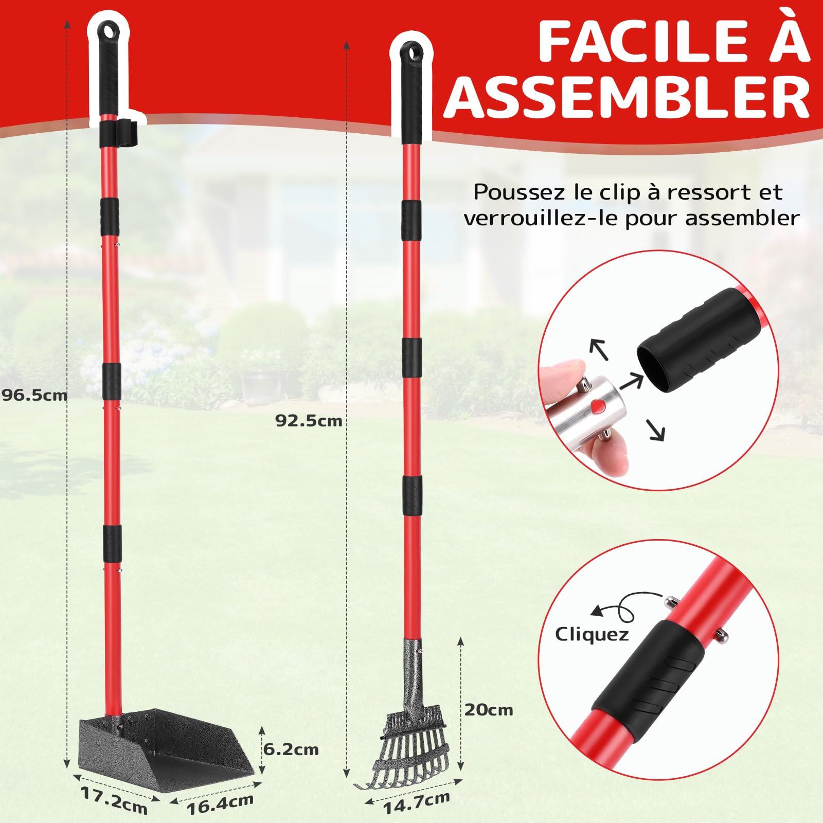 Ramasse Crotte Chien, Pelle a Crotte pour Chien en Métal, Longue Poignée en Acier Inoxydable à Utiliser sur la Cour, l'herbe, la Terre ou Le Gravier (Rouge)