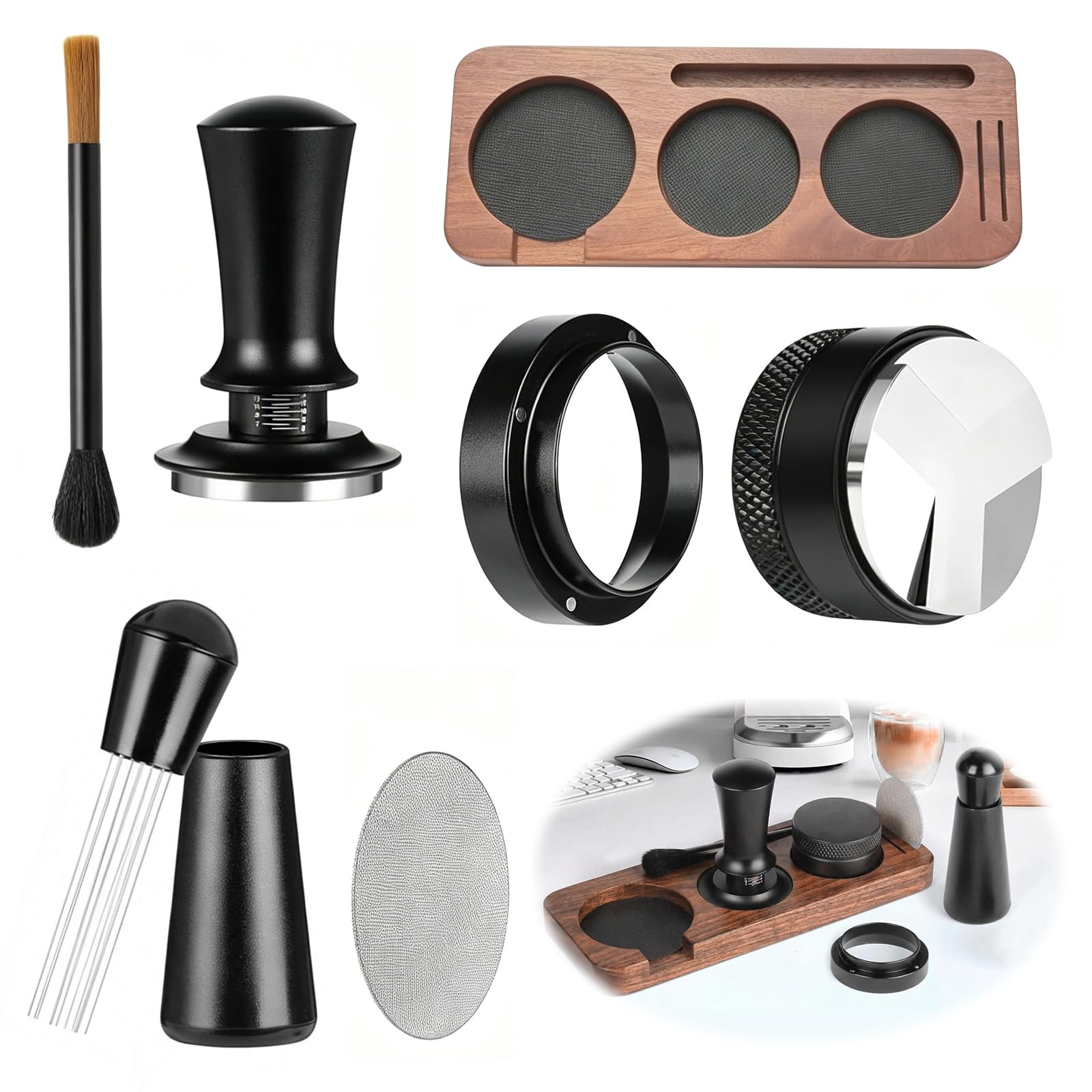 Barista - Juego de prensador de café (7 piezas, 51 mm, con estación de apisonamiento, aguja, distribuidor, anillo dosificador de 53 mm, pantalla y cepillo, acero inoxidable 304)